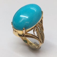 14K Art Deco Yellow Gold 1930s Filigree Ring Arizona Sleeping beauty Turquoise