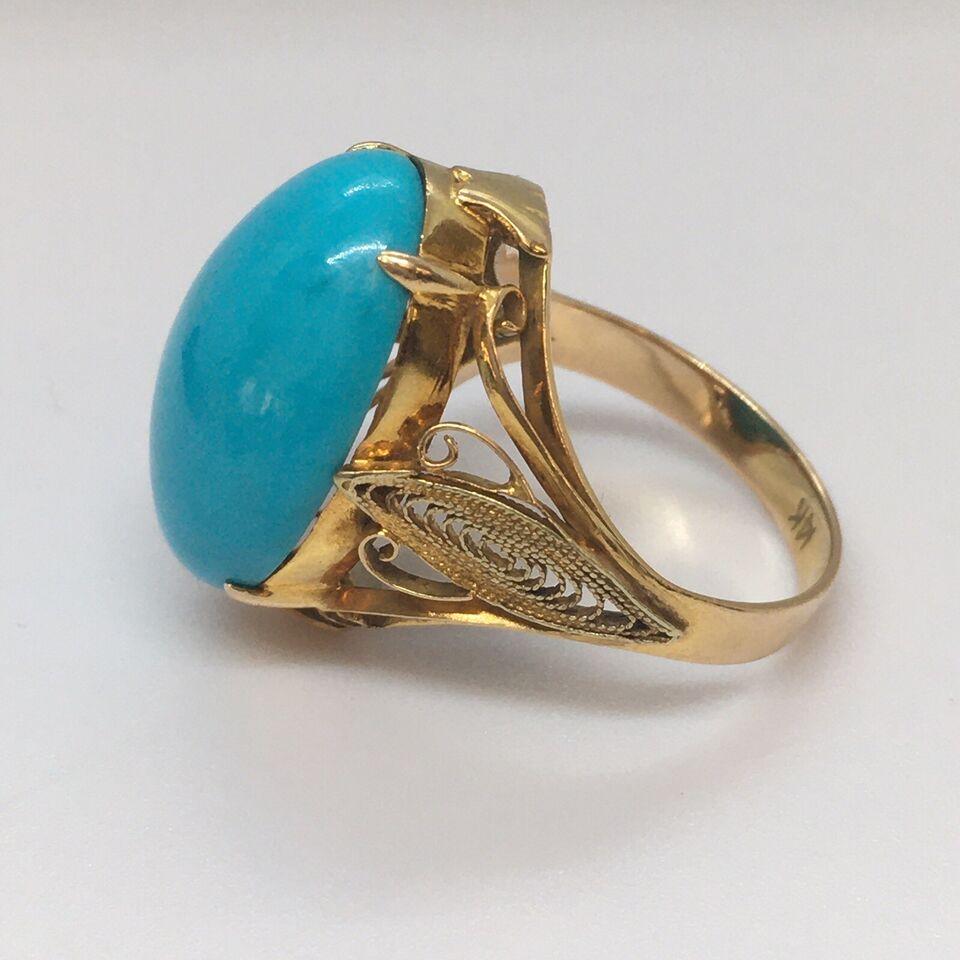 14K Art Deco Yellow Gold 1930s Filigree Ring Arizona Sleeping beauty Turquoise Excellent état - En vente à Santa Monica, CA