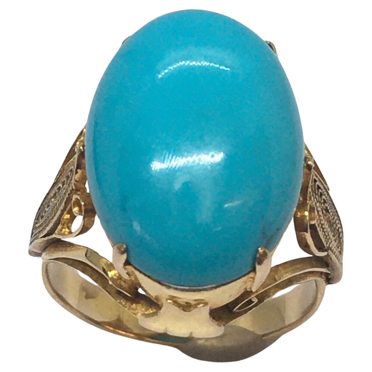 14K Art Deco Yellow Gold 1930s Filigree Ring Arizona Sleeping beauty Turquoise