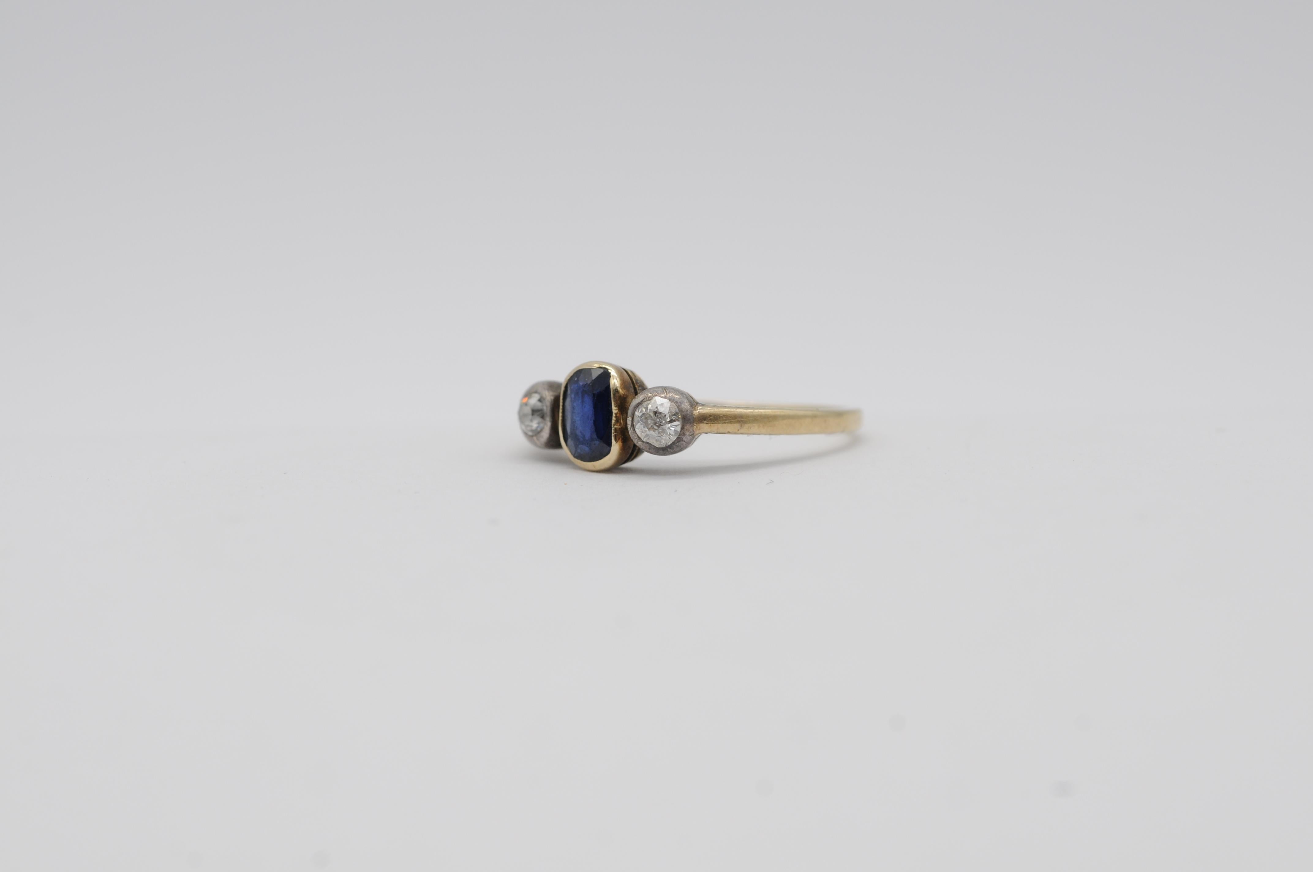 14k Art Deco Gelbgold Ring mit natürlichem Saphir und Diamanten, Vintage-Charmband im Angebot 4