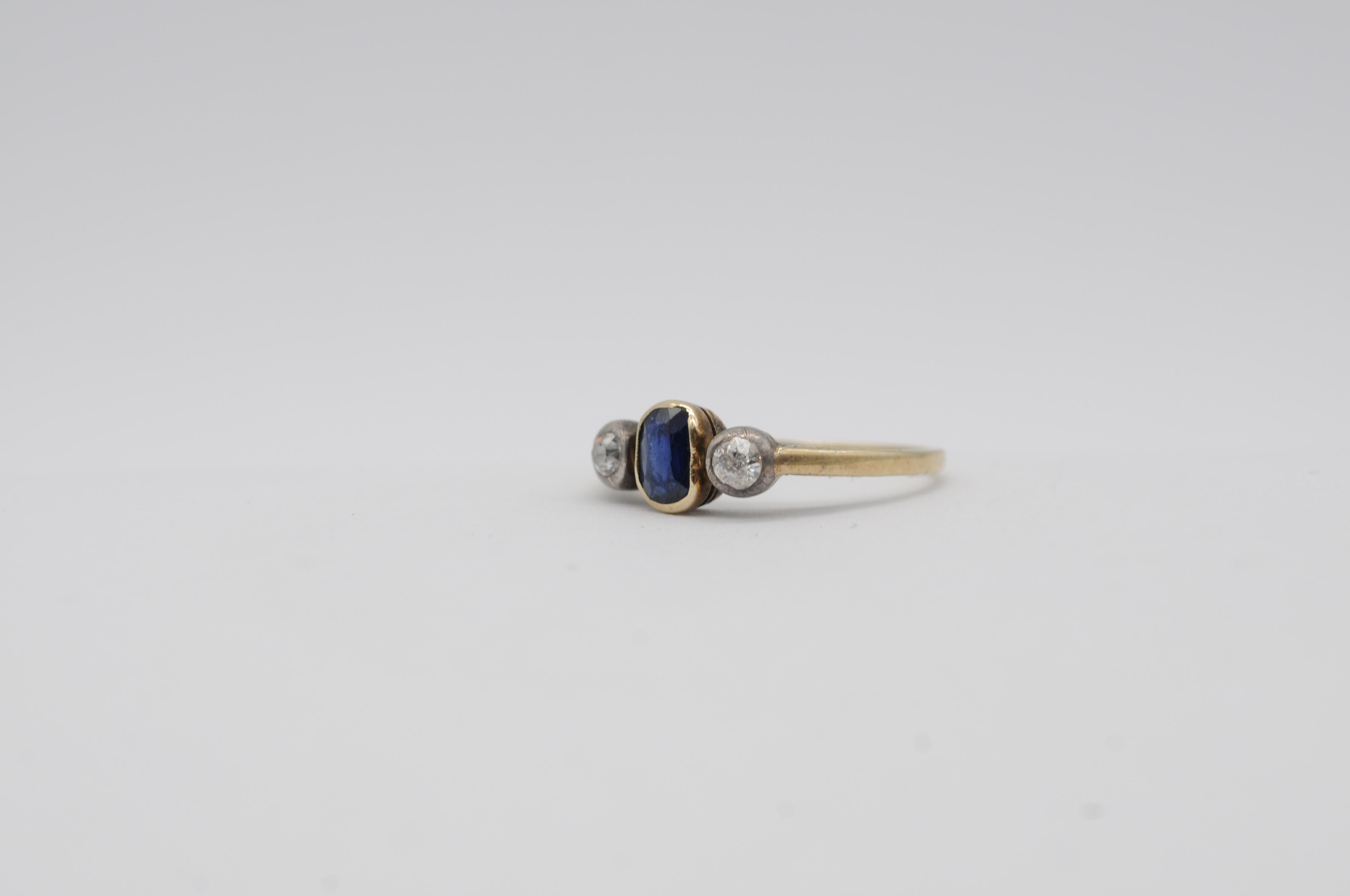 14k Art Deco Gelbgold Ring mit natürlichem Saphir und Diamanten, Vintage-Charmband im Angebot 5