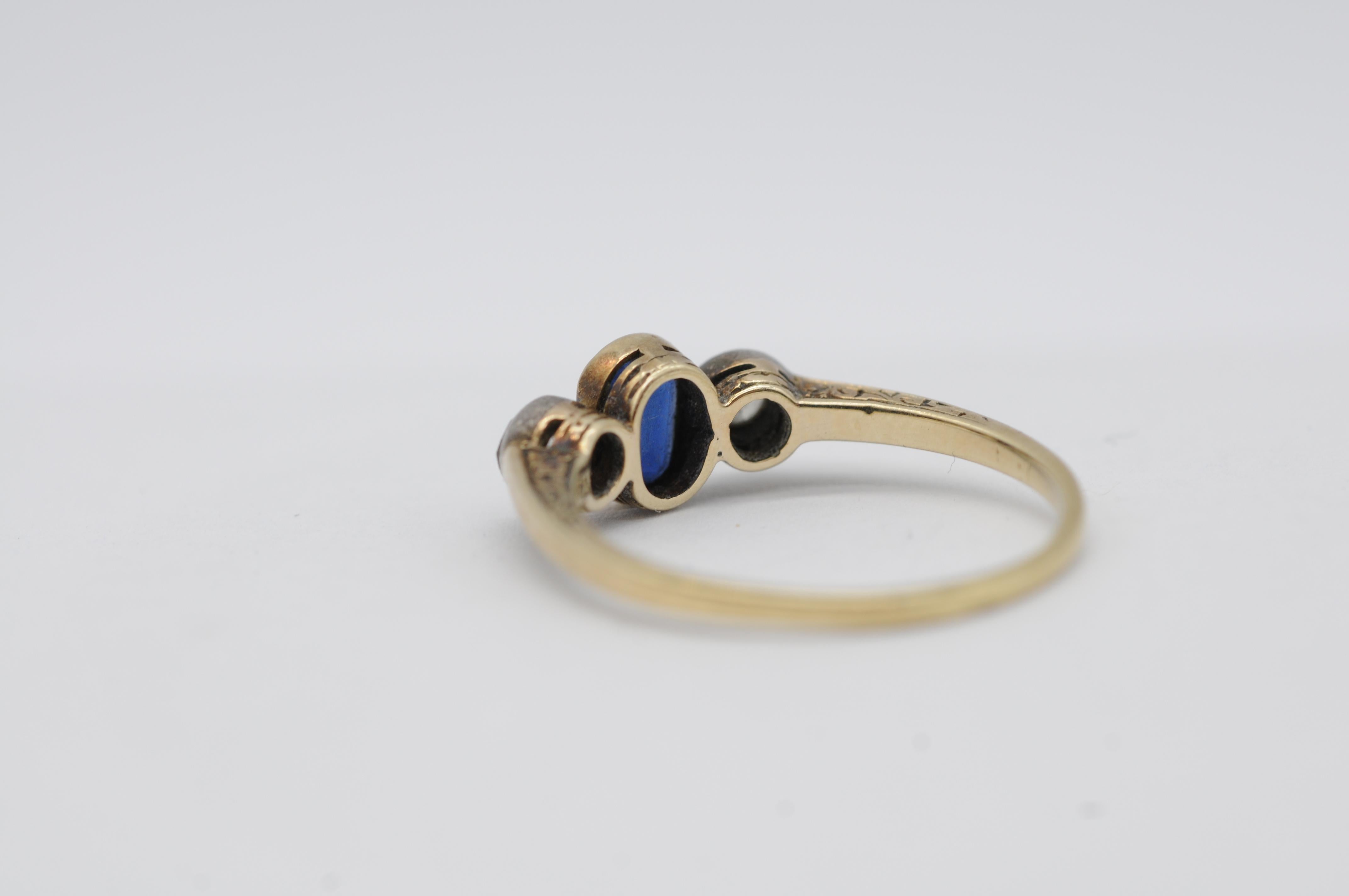 14k Art Deco Gelbgold Ring mit natürlichem Saphir und Diamanten, Vintage-Charmband im Angebot 6