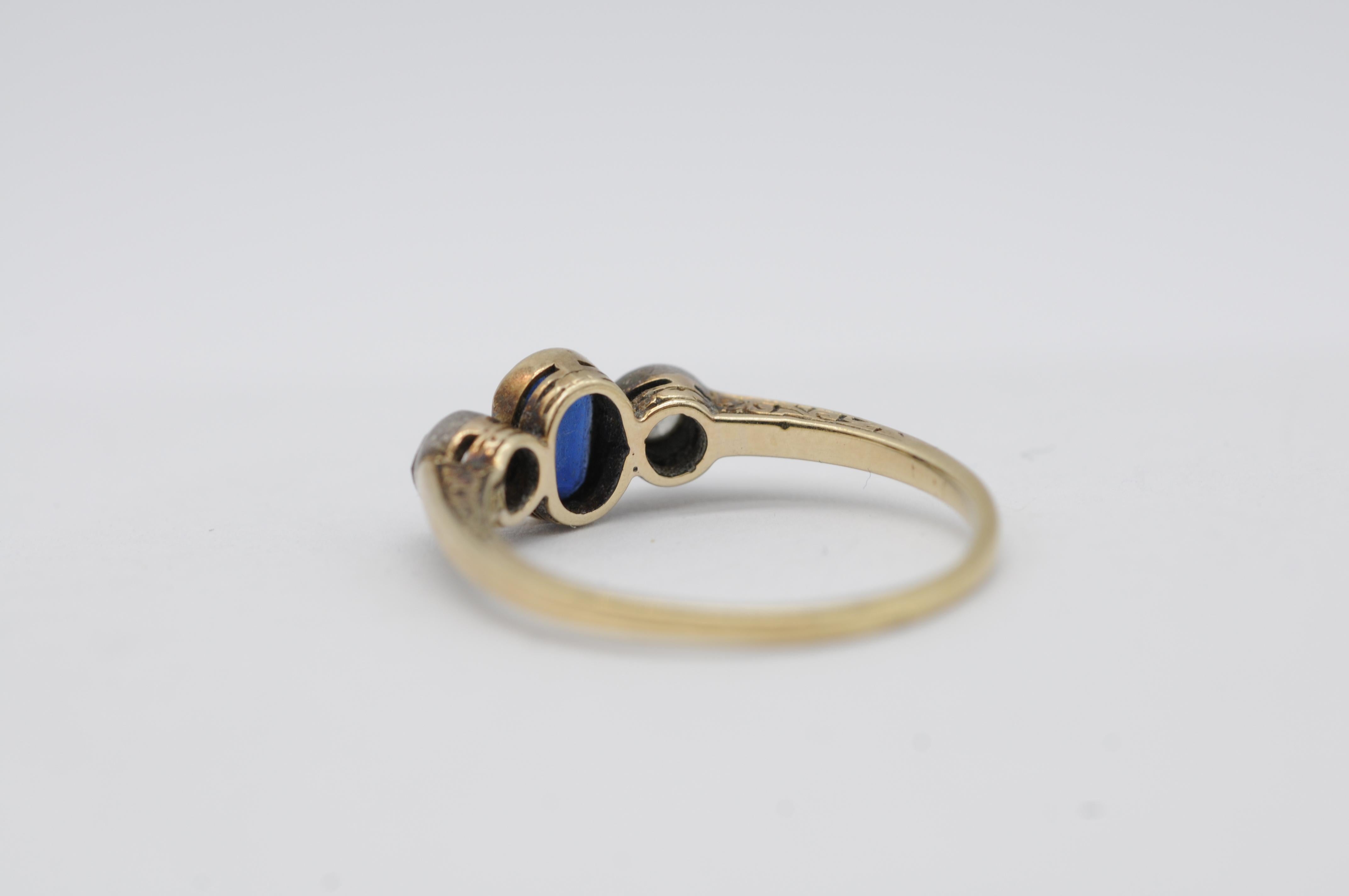 14k Art Deco Gelbgold Ring mit natürlichem Saphir und Diamanten, Vintage-Charmband im Angebot 7
