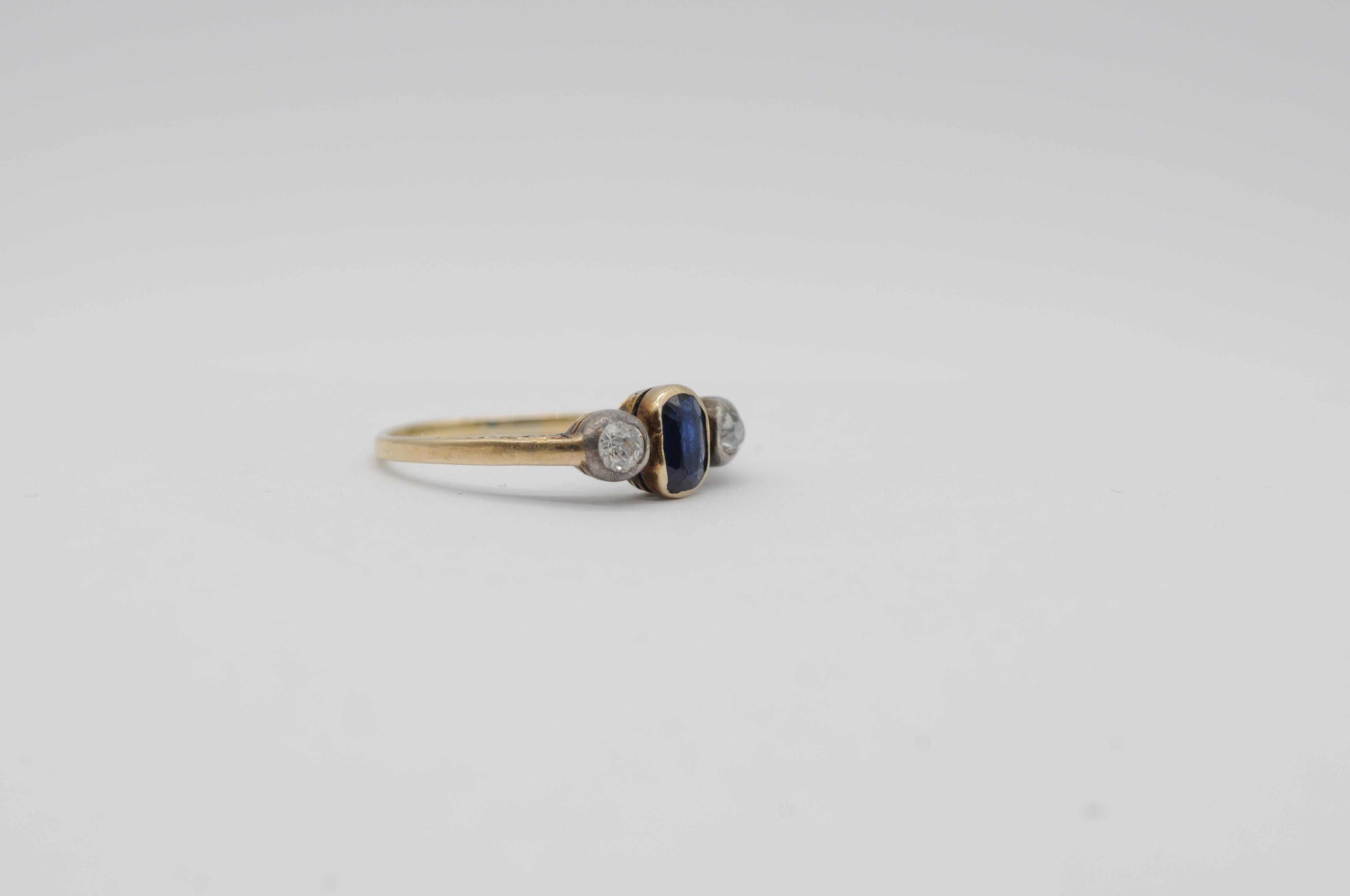 14k Art Deco Gelbgold Ring mit natürlichem Saphir und Diamanten, Vintage-Charmband im Angebot 8