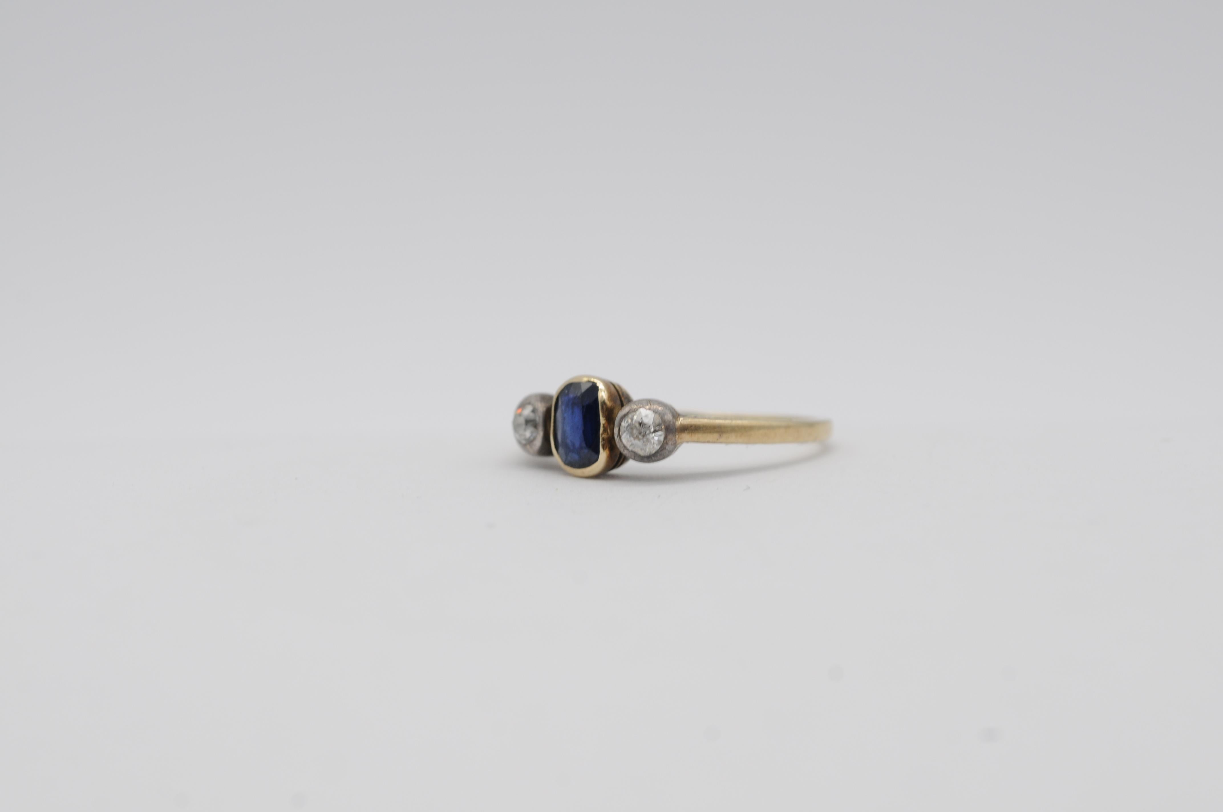 14k Art Deco Gelbgold Ring mit natürlichem Saphir und Diamanten, Vintage-Charmband im Angebot 3