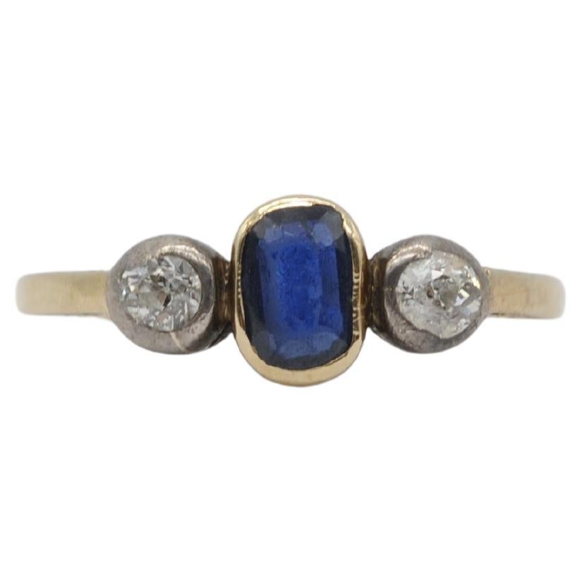 14k Art Deco Gelbgold Ring mit natürlichem Saphir und Diamanten, Vintage-Charmband im Angebot
