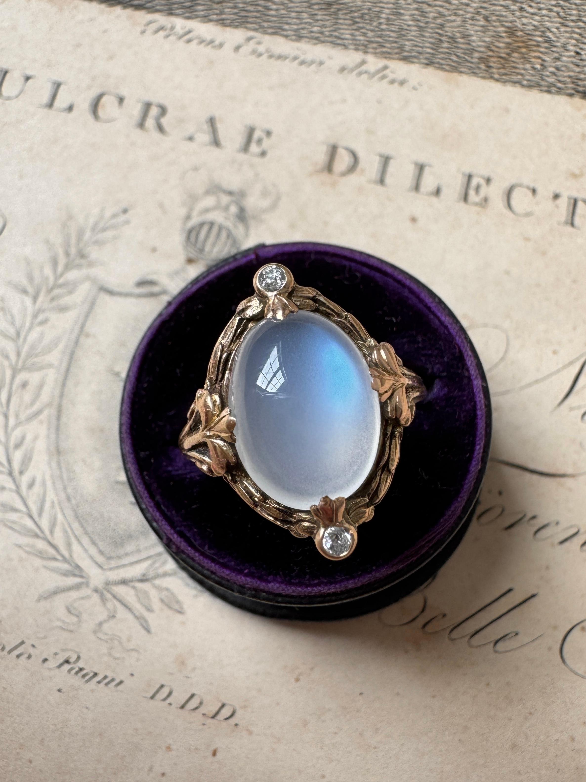 Cabochon 14K Art Nouveau Blue Flash Moonstone and Diamond Ring For Sale