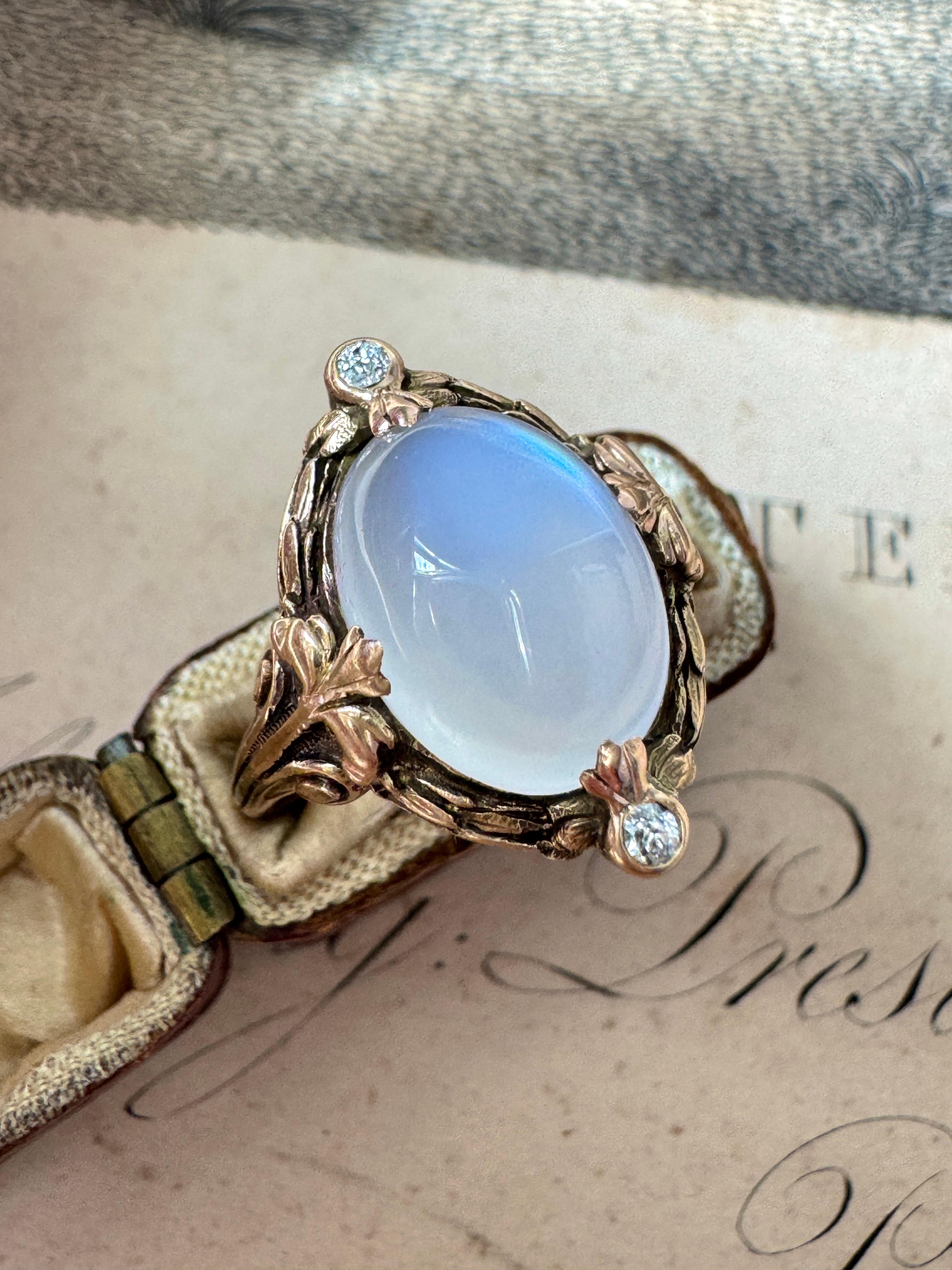 14K Art Nouveau Blue Flash Moonstone and Diamond Ring In Good Condition For Sale In Hummelstown, PA