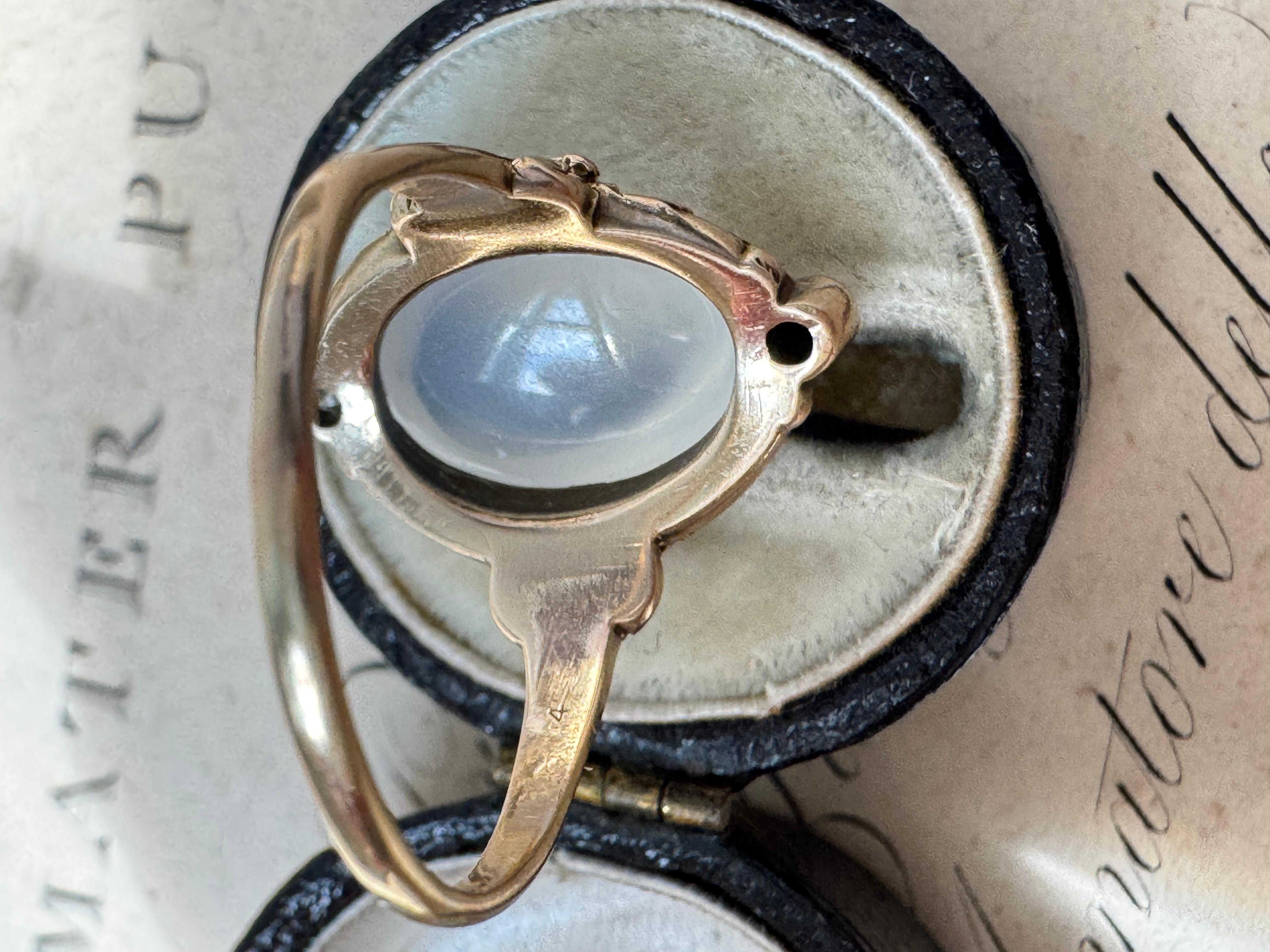 Women's 14K Art Nouveau Blue Flash Moonstone and Diamond Ring For Sale