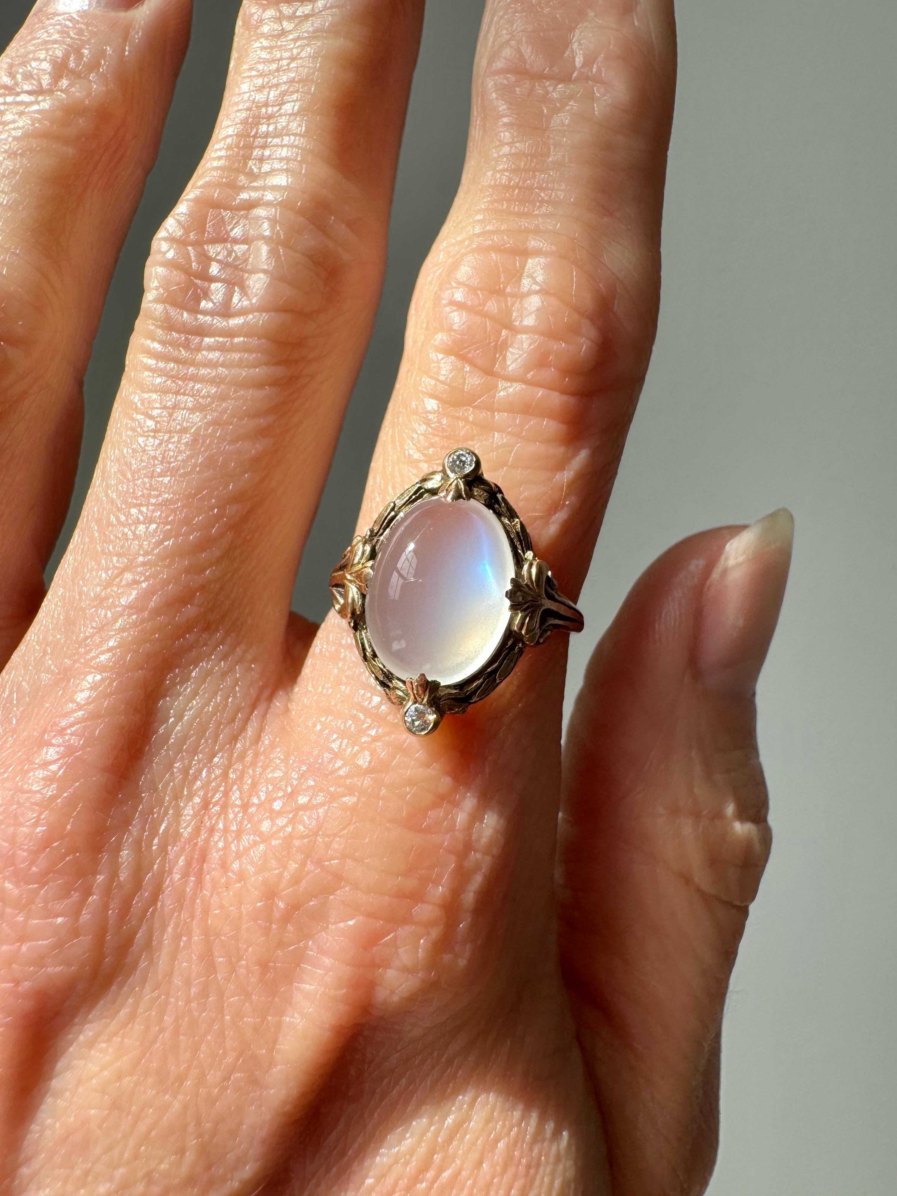 14K Art Nouveau Blue Flash Moonstone and Diamond Ring For Sale 1