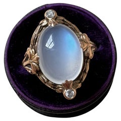 Anillo Art Nouveau 14K Piedra Lunar Azul Flash y Diamante
