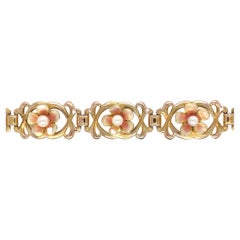 14K Art Nouveau Enamel Flower Pearl Bracelet