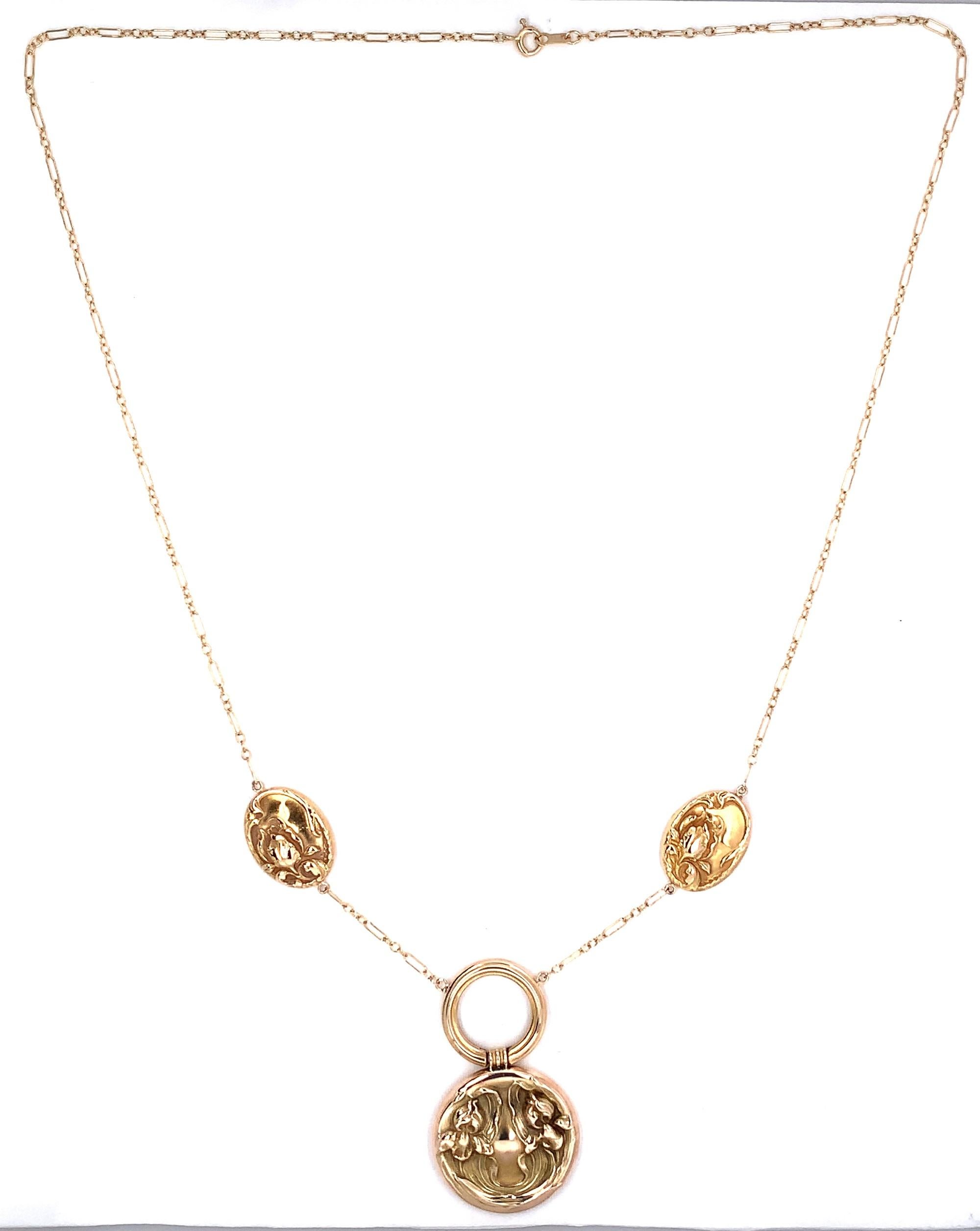 14K and 10K yellow gold Art Nouveau necklace featuring irises. The necklace measures 20