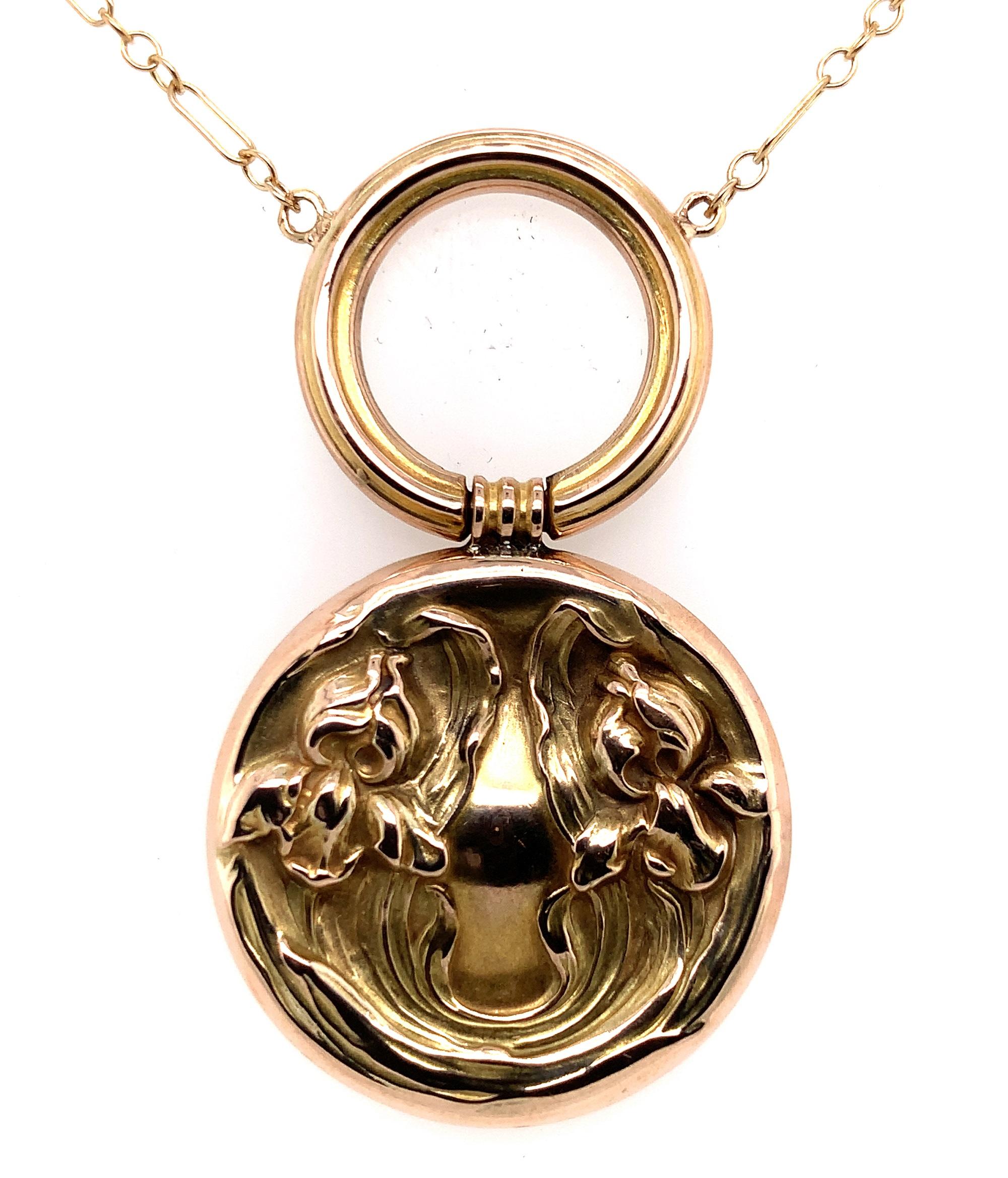 14K Art Nouveau Iris Necklace In Good Condition For Sale In Big Bend, WI