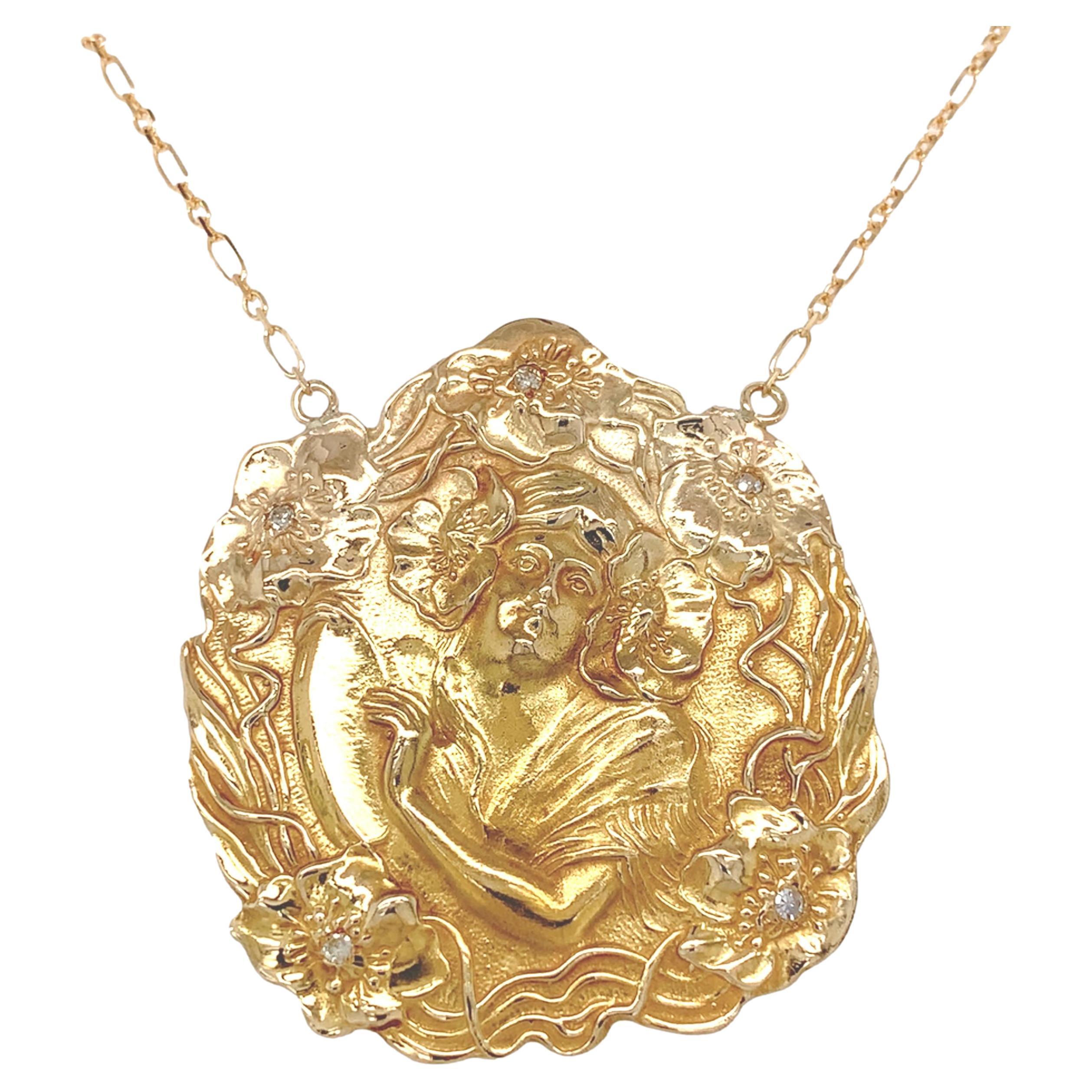 Collier Art Nouveau 14K large femme figurative et fleurs avec diamants