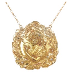 Collier Art Nouveau 14K large femme figurative et fleurs avec diamants