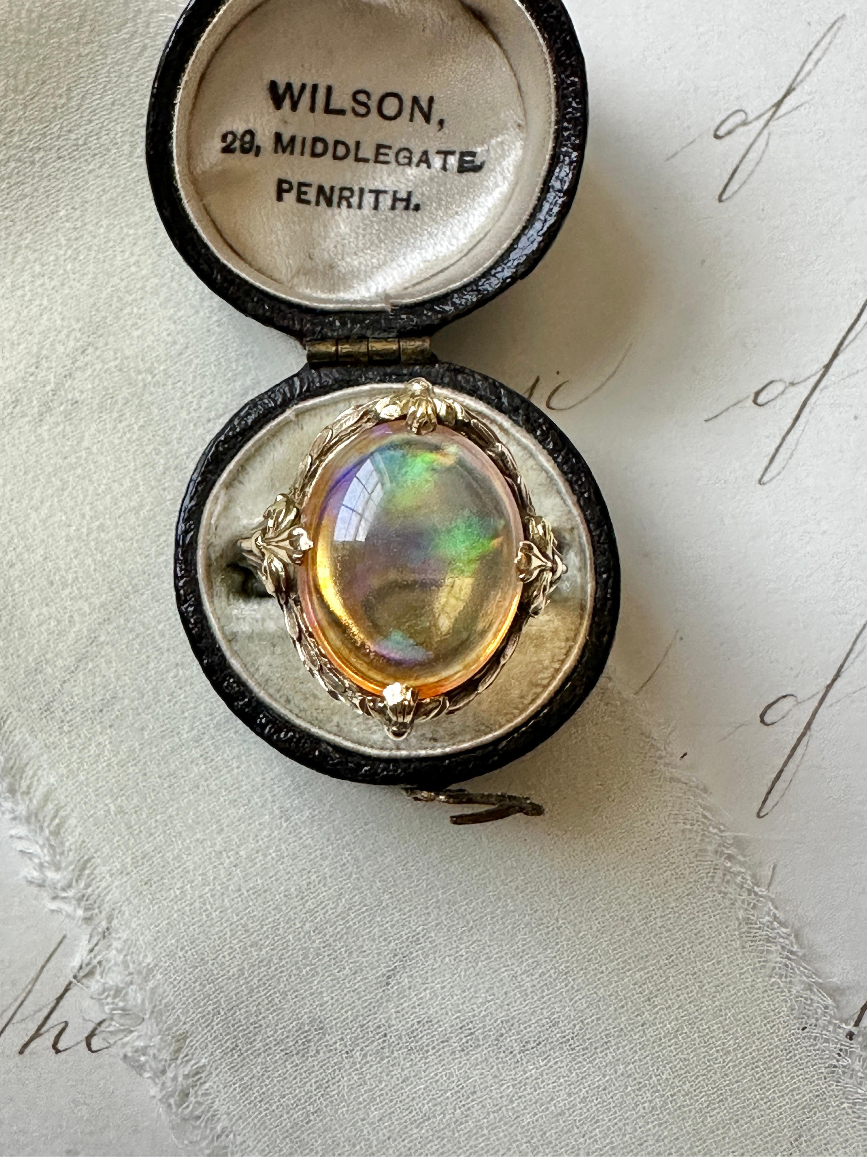 Cabochon 14k Art Nouveau Opal Ring with Fleur-de-lis For Sale