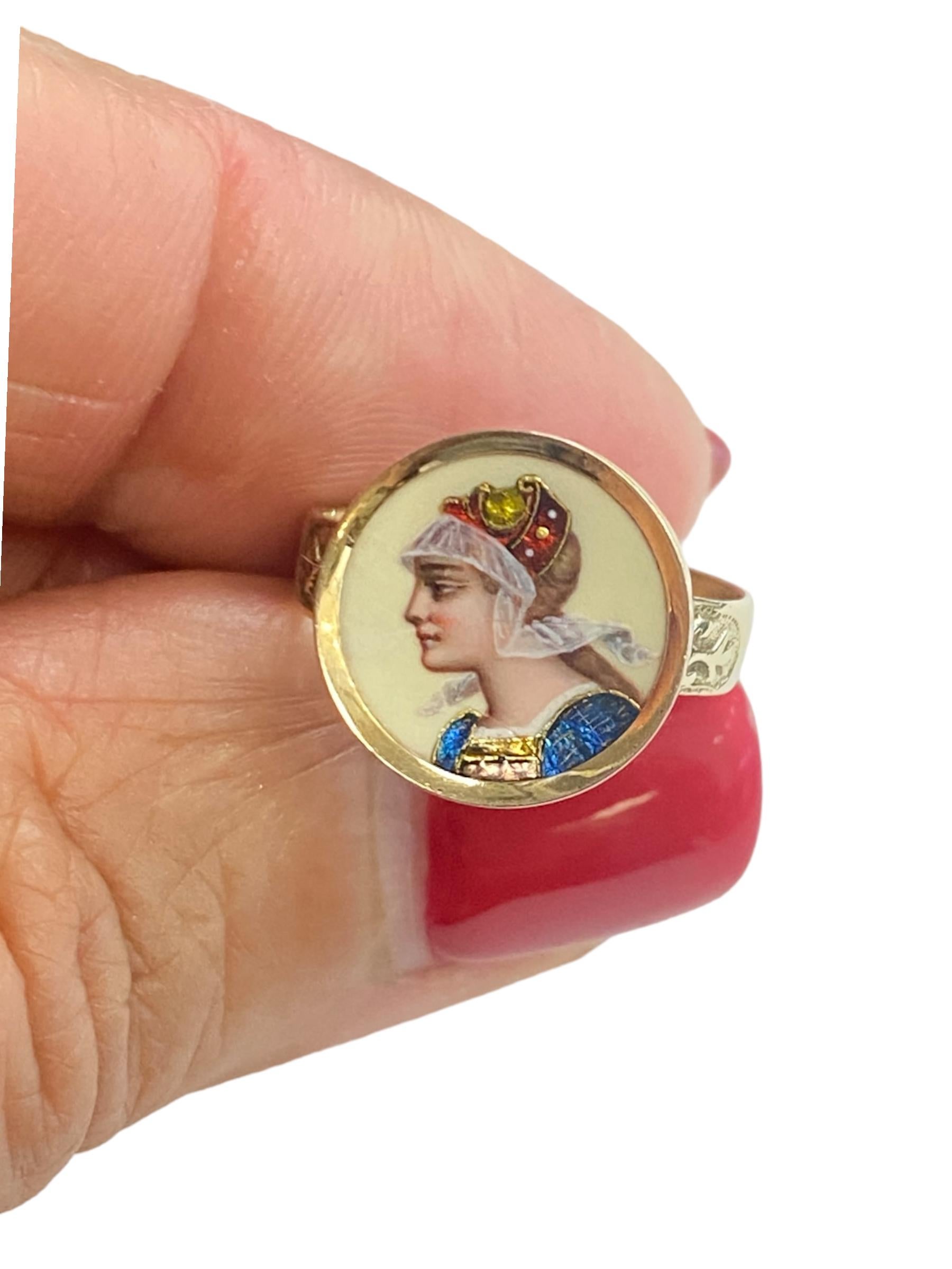 14K Art Nouveau Painted Cameo Ring Brilliant Colored Renaissance, circa 1900s In Good Condition For Sale In Laguna Hills, CA