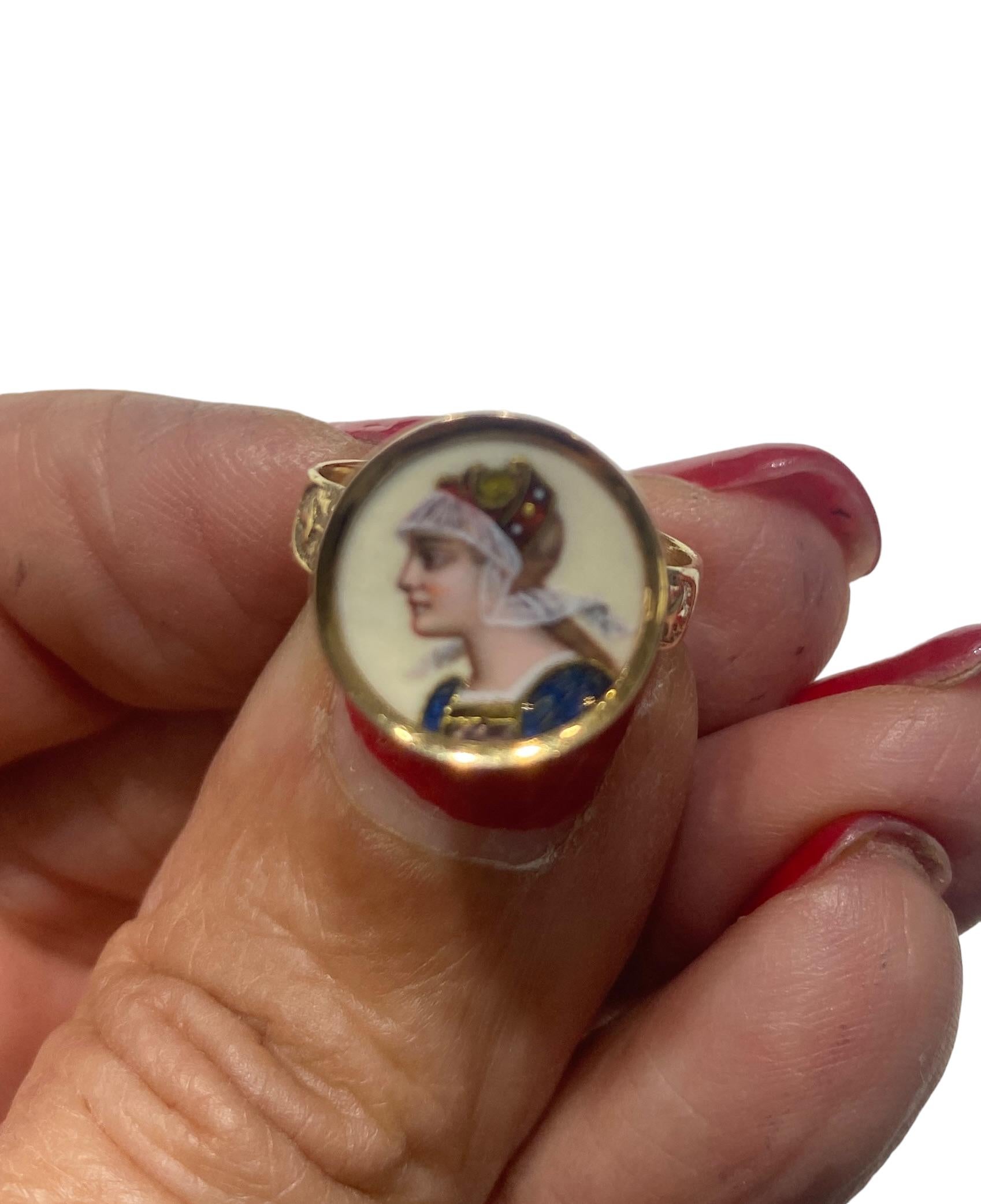14K Art Nouveau Gemaltes Kamee Ring Brillant Farbig Renaissance, um 1900 für Damen oder Herren im Angebot