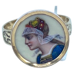 14K Art Nouveau Painted Cameo Ring Brilliant Colored Renaissance, circa 1900s