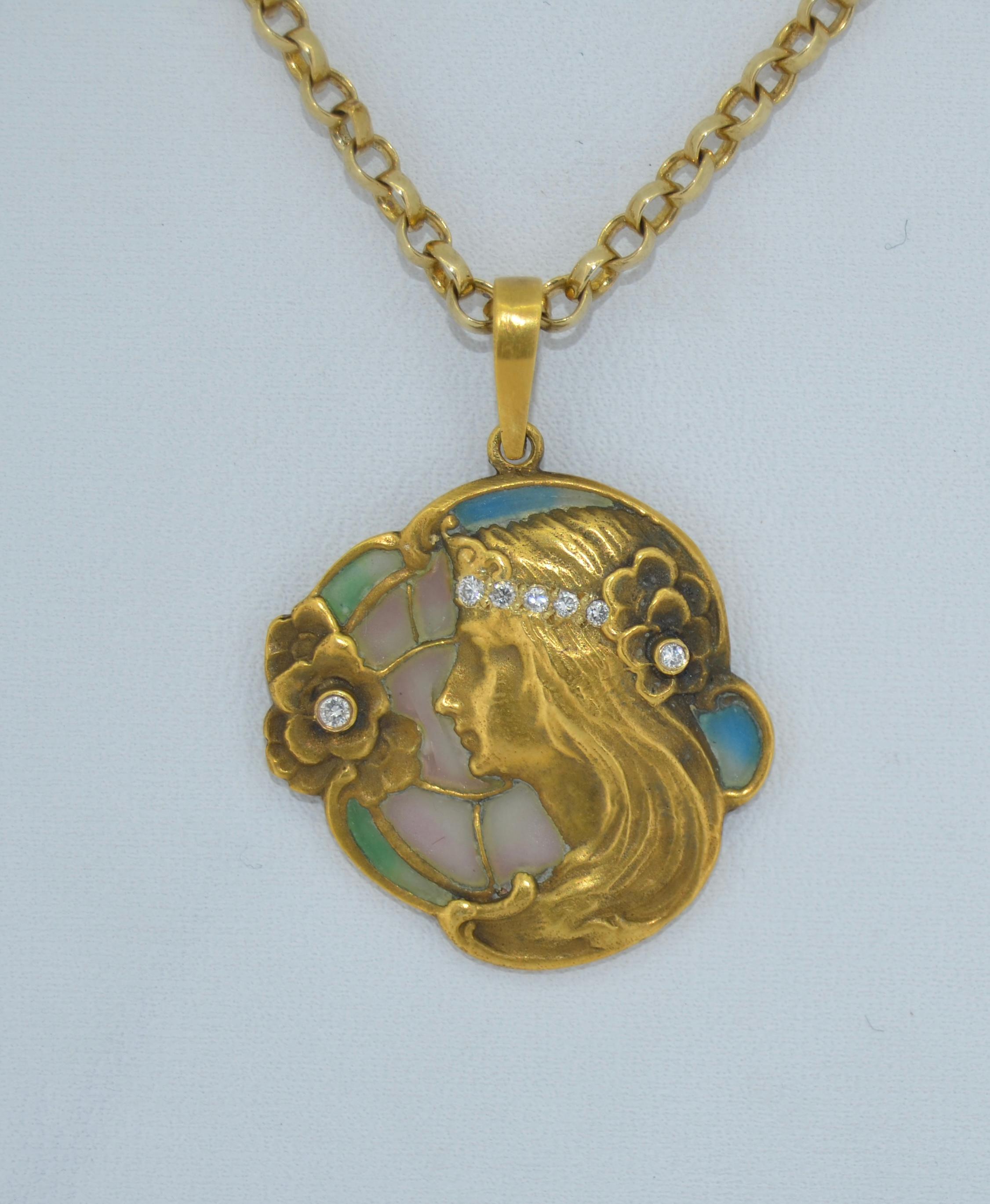 14K Art Nouveau Plique a Jour & Diamant-Anhänger im Angebot 4