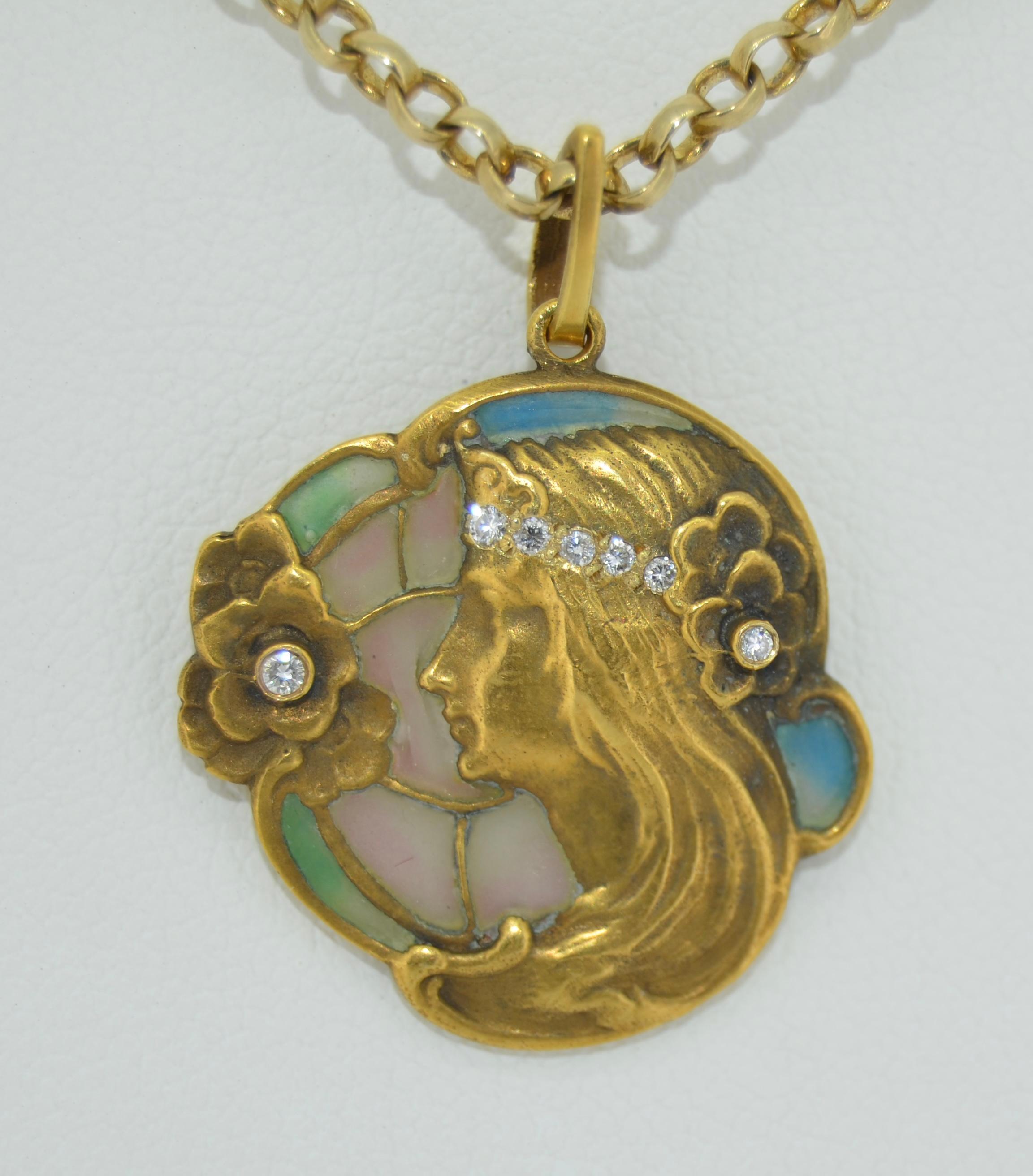 14K Art Nouveau Plique a Jour & Diamant-Anhänger im Angebot 5