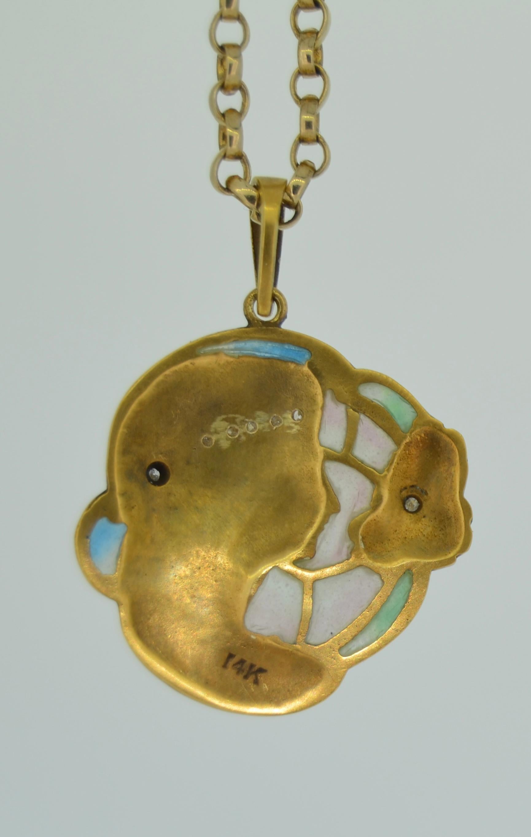 14K Art Nouveau Plique a Jour & Diamant-Anhänger im Angebot 6