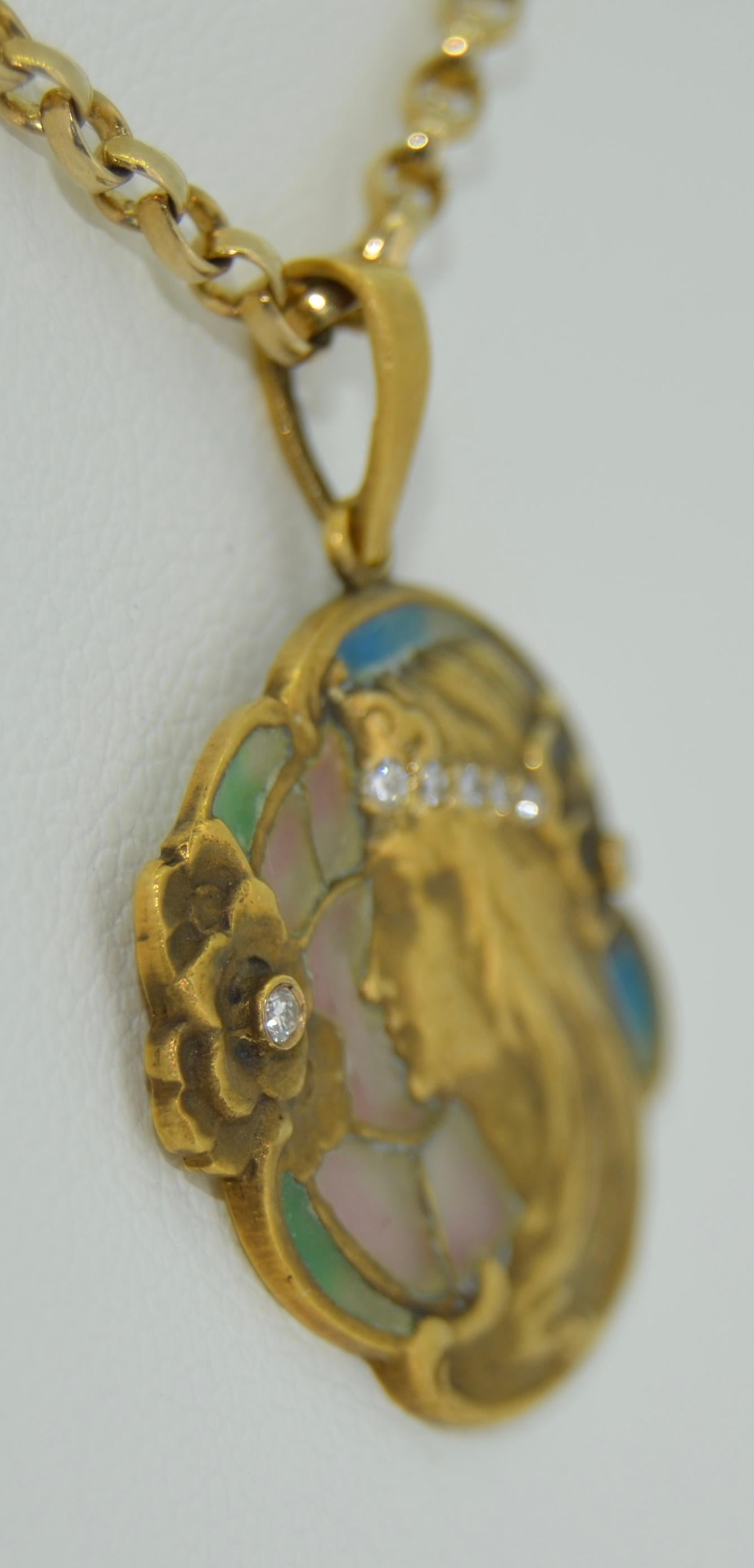 14K Art Nouveau Plique a Jour & Diamant-Anhänger (Art nouveau) im Angebot