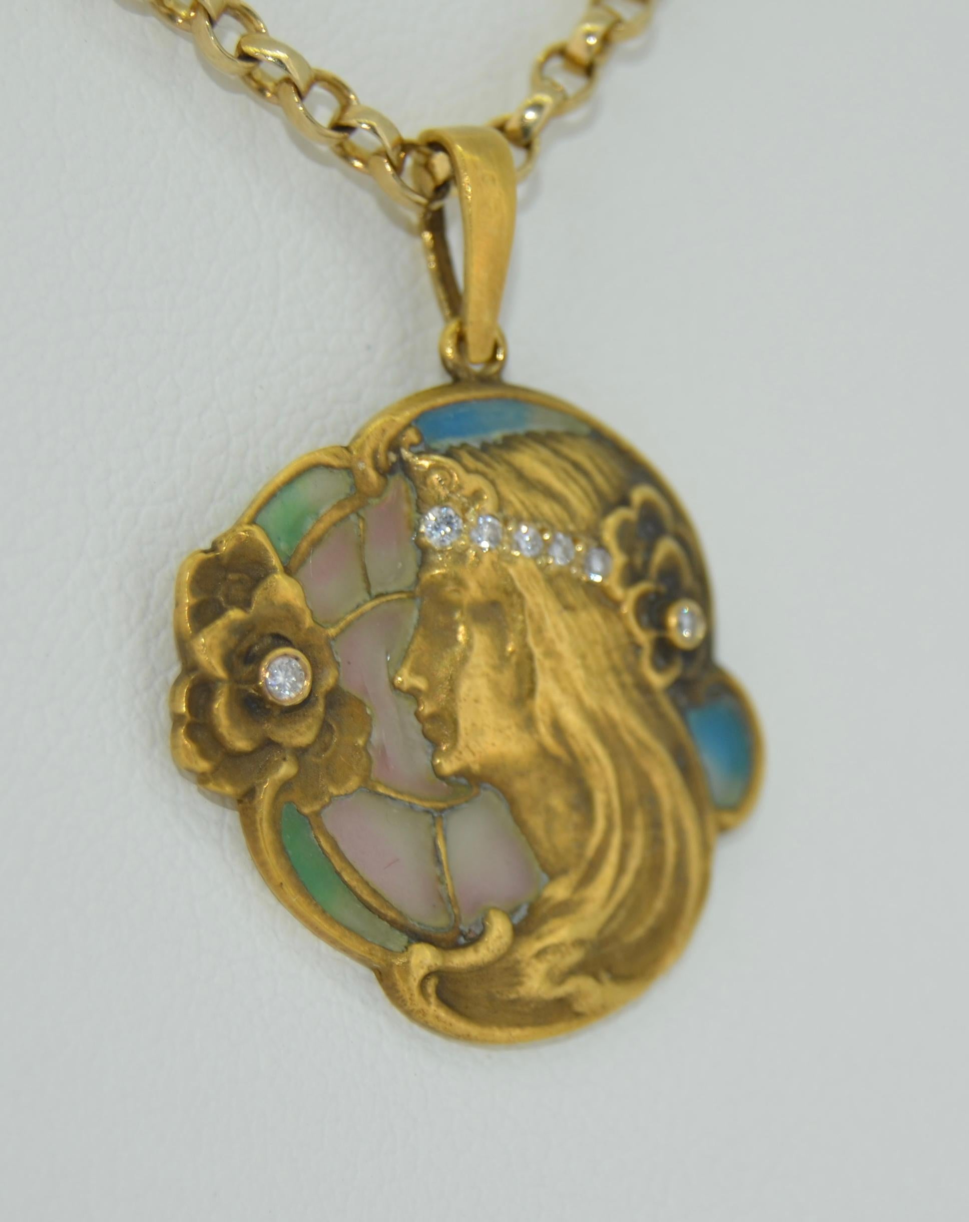 14K Art Nouveau Plique a Jour & Diamant-Anhänger (Brillantschliff) im Angebot