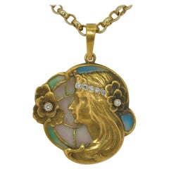 14K Art Nouveau Plique a Jour & Diamant-Anhänger
