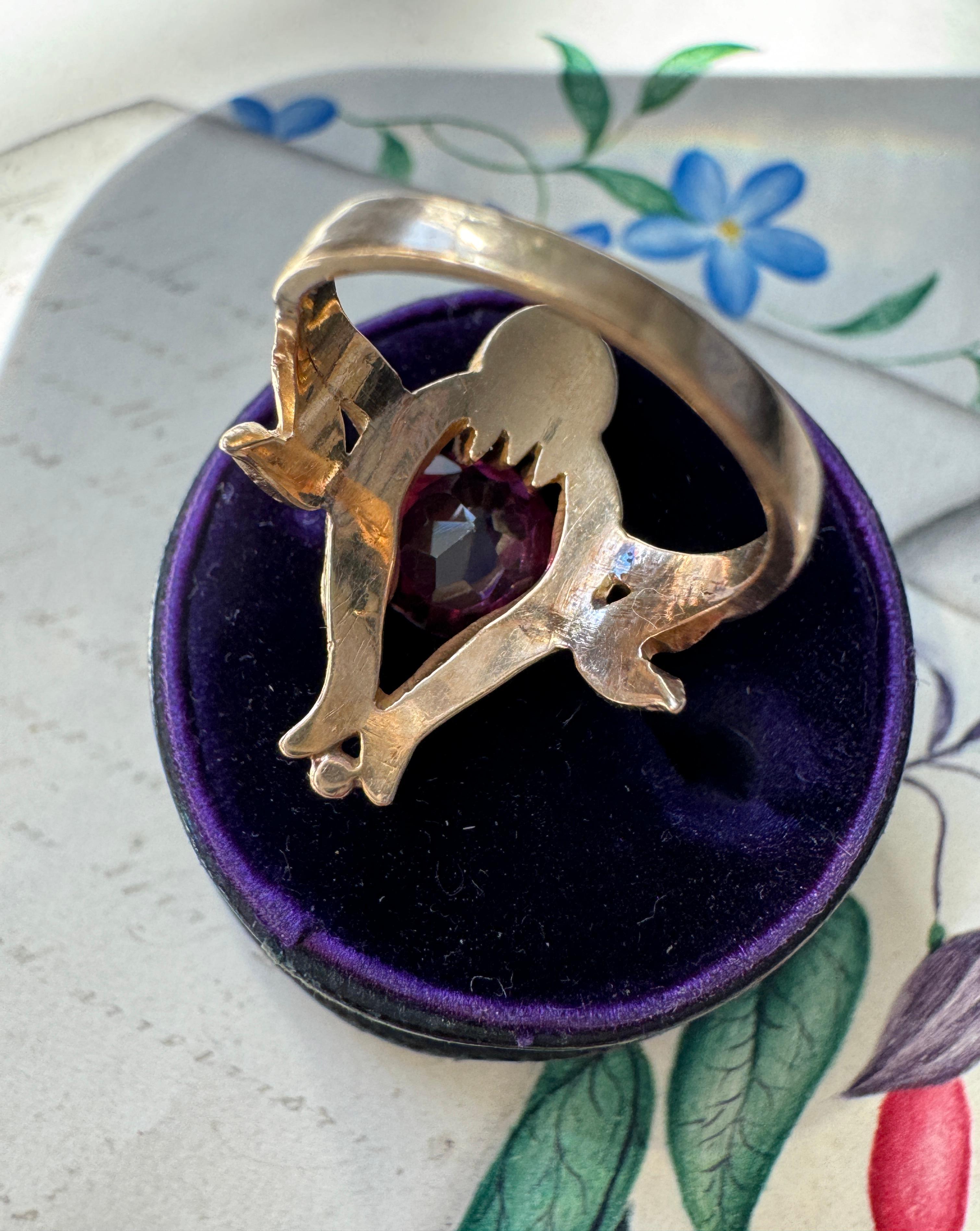Women's 14K Art Nouveau Rhodolite Garnet Sculptural Bird Ring For Sale