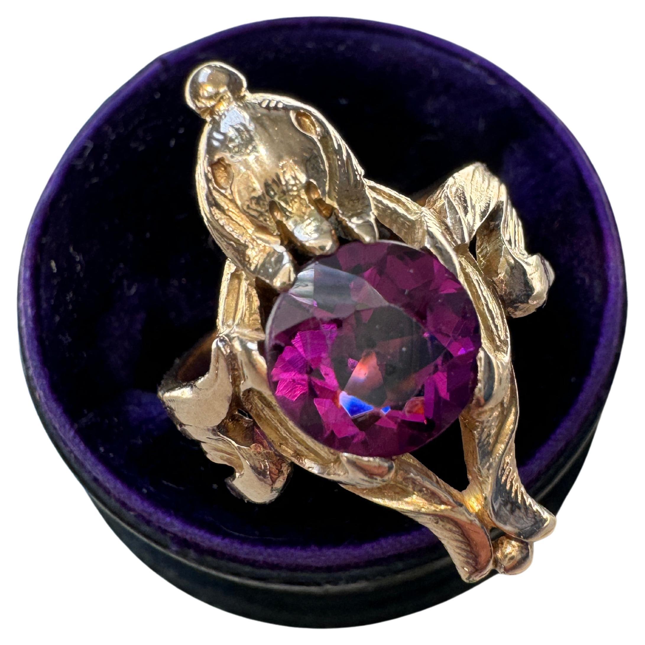 14K Art Nouveau Rhodolite Garnet Sculptural Bird Ring For Sale