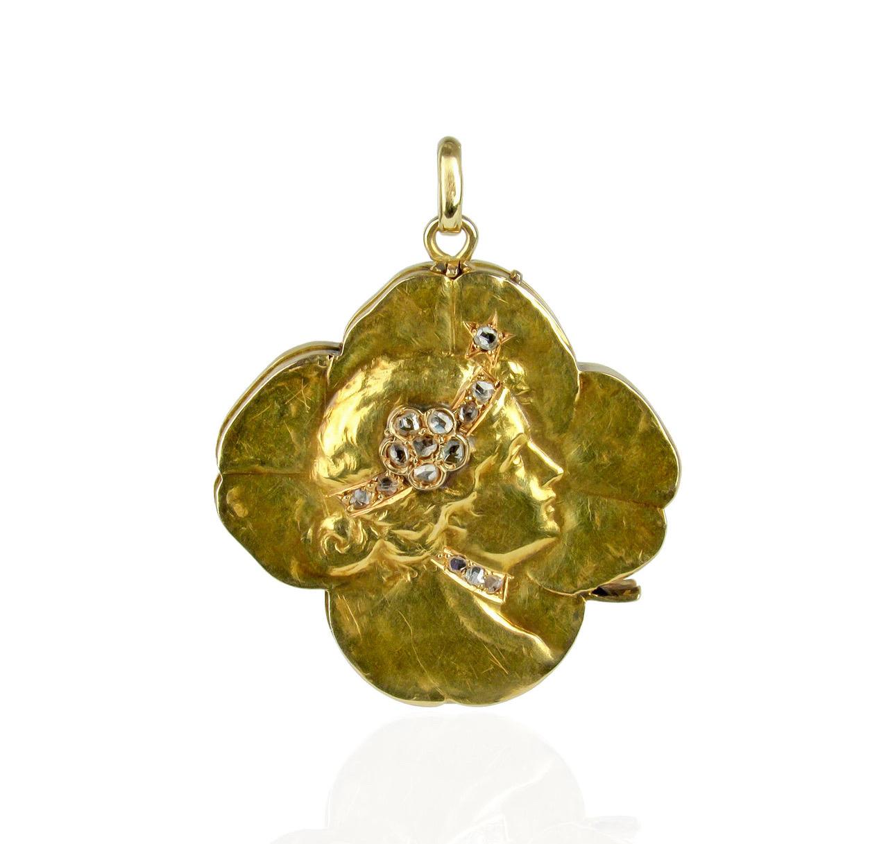 14K Art Nouveau Shamrock-Medaillon im Jugendstil mit Diamanten im Rosenschliff im Zustand „Gut“ im Angebot in Hummelstown, PA