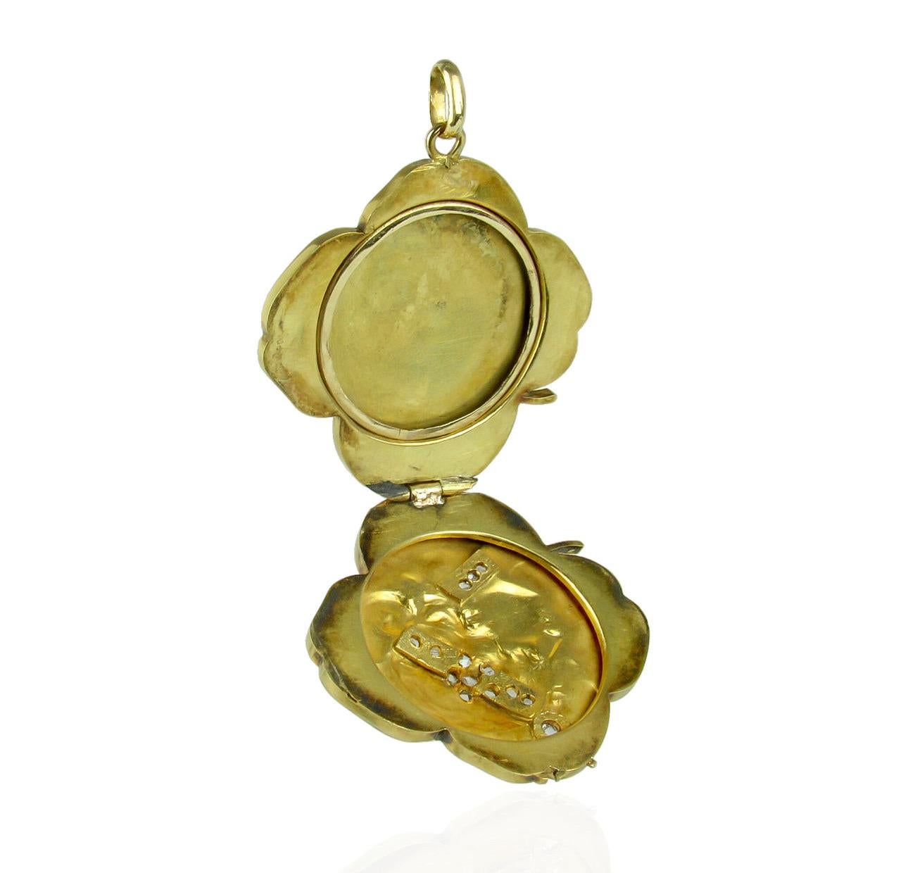 14K Art Nouveau Shamrock-Medaillon im Jugendstil mit Diamanten im Rosenschliff im Angebot 2