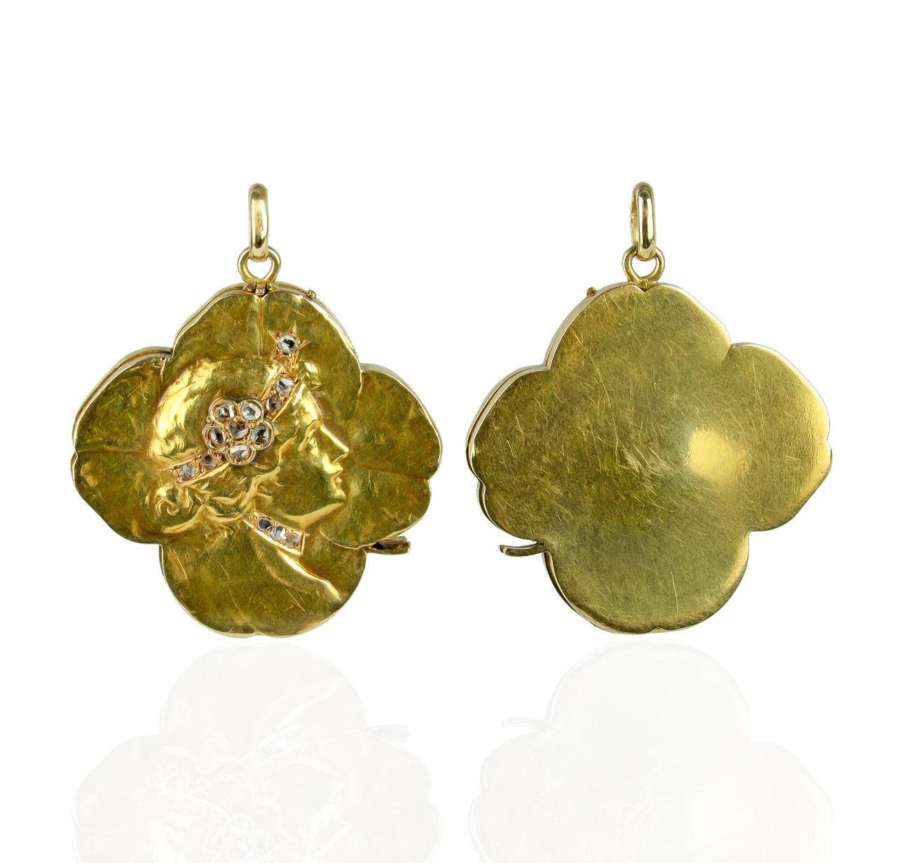 14K Art Nouveau Shamrock-Medaillon im Jugendstil mit Diamanten im Rosenschliff im Angebot 3