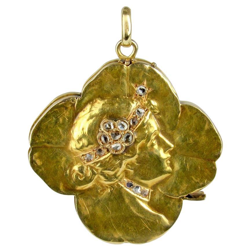 14K Art Nouveau Shamrock-Medaillon im Jugendstil mit Diamanten im Rosenschliff im Angebot