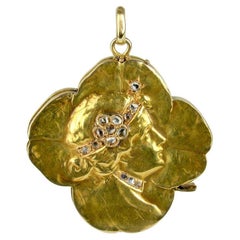 14K Art Nouveau Shamrock-Medaillon im Jugendstil mit Diamanten im Rosenschliff