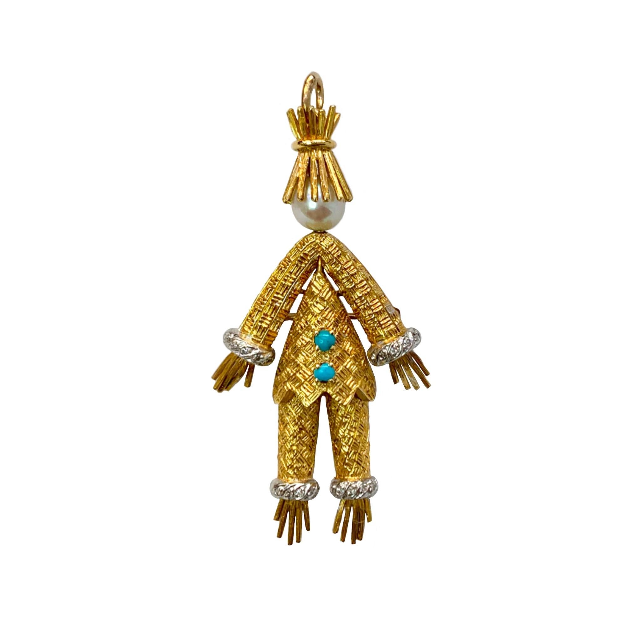 Women's or Men's 18 Karat Articulated Scarecrow Pin/Pendant with Turquoise, Diamond and Pearl For Sale