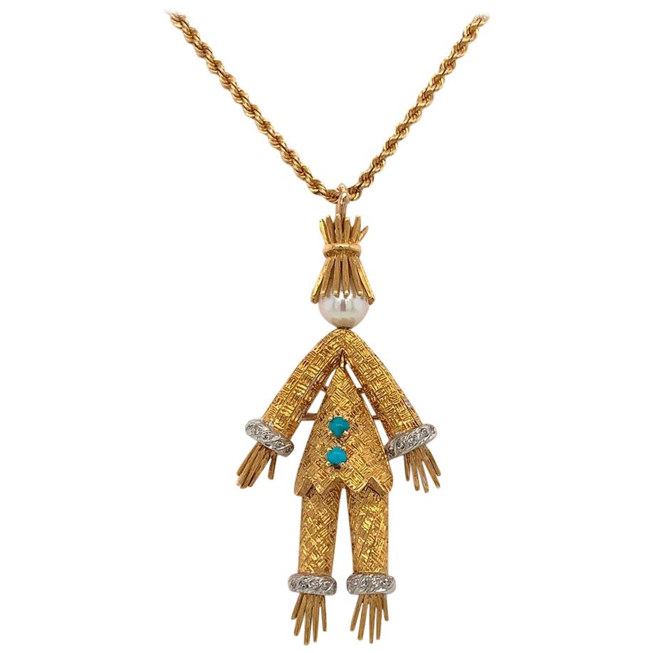 18 Karat Articulated Scarecrow Pin/Pendant with Turquoise, Diamond and Pearl For Sale