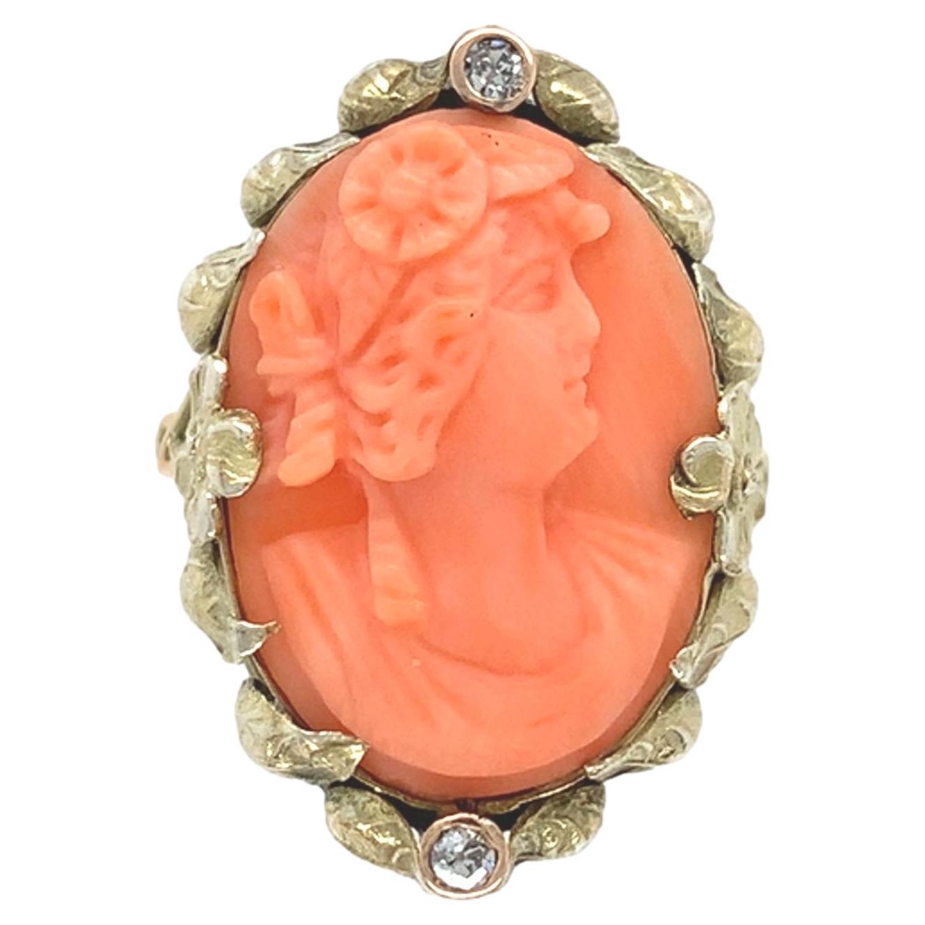 14K Arts & Crafts Bague corail camée forgée à la main taille 4.5