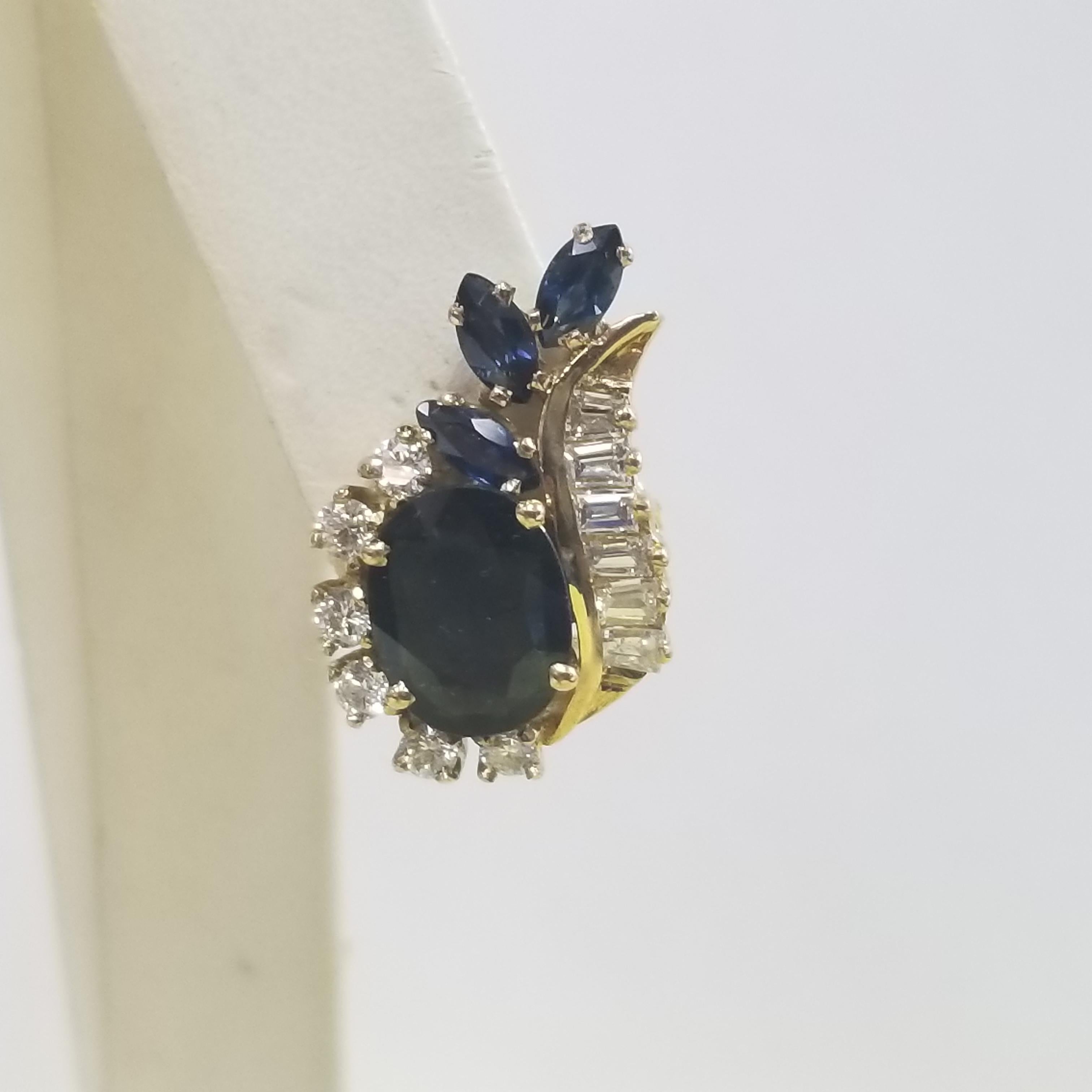 Be classy with these beautiful diamond and sapphire  Earrings crafted in very unique design in 14K yellow gold. right and left earrings
 Specifications:
    main stone:  SAPPHIRES 2.10CTS.
    ADDITIONAL: 2 PIECES OVAL
    carat total weight: 10.26