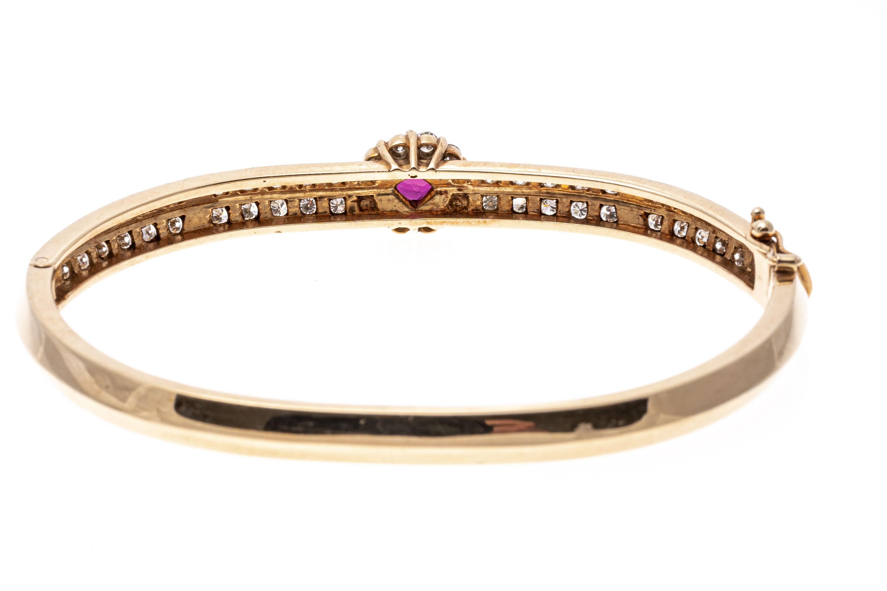Contemporary 14k Beautiful Two Row Diamond Bangle with Ruby Halo Cluster, App. 1.50tcw For Sale