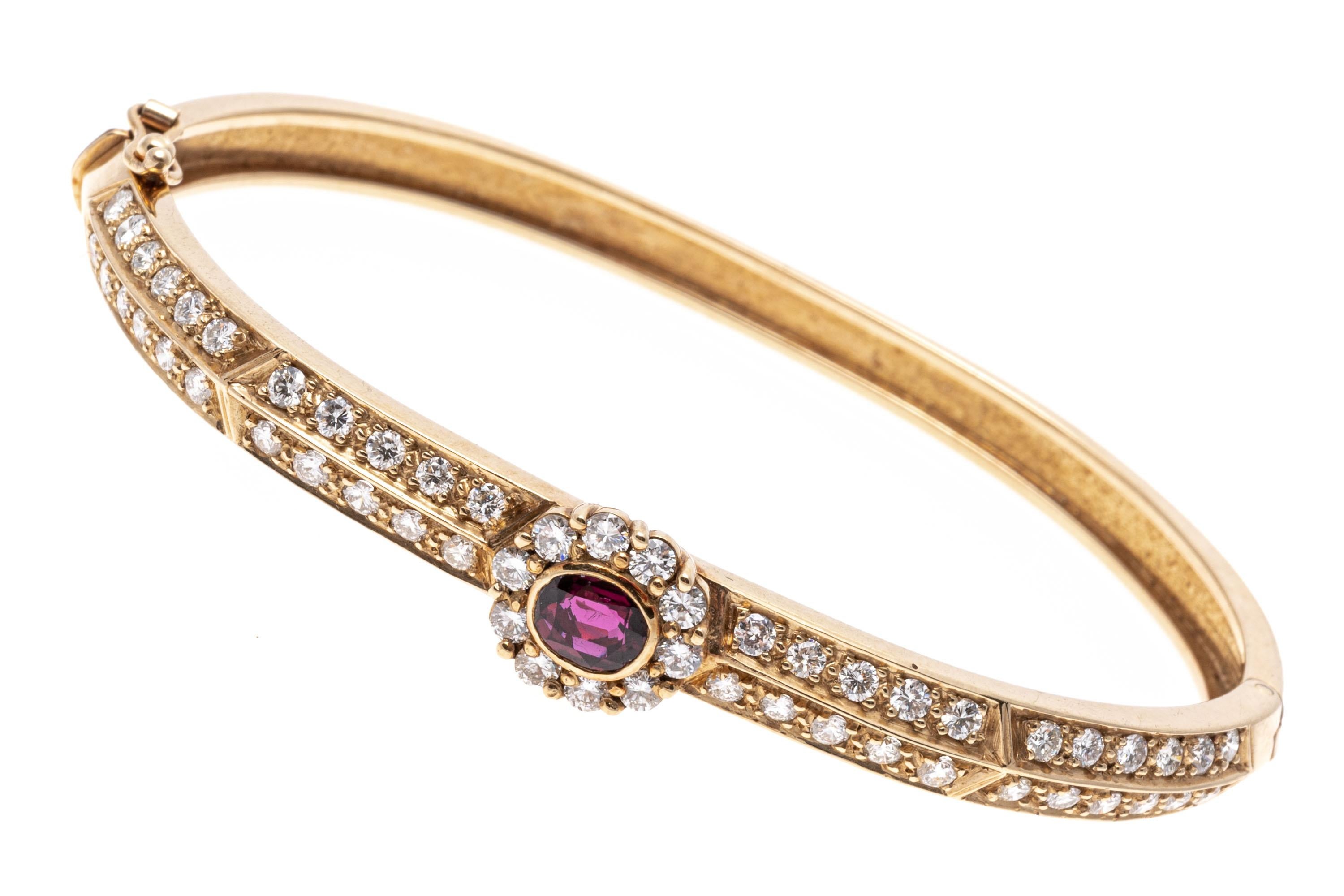 14k Beautiful Two Row Diamond Bangle with Ruby Halo Cluster, App. 1.50tcw In Good Condition For Sale In Southport, CT