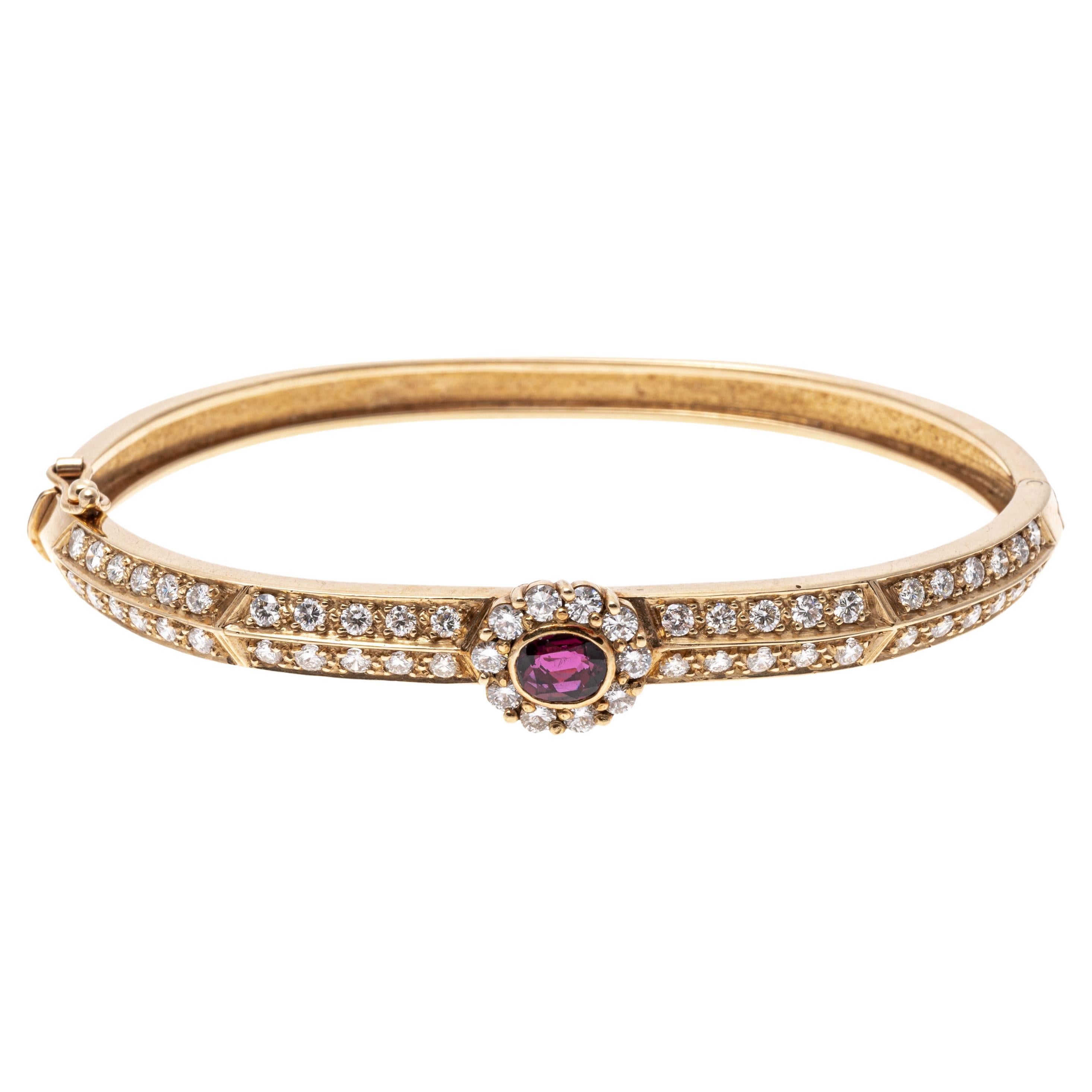 14k Beautiful Two Row Diamond Bangle with Ruby Halo Cluster, App. 1.50tcw For Sale