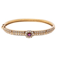 14k Beautiful Two Row Diamond Bangle with Ruby Halo Cluster, App. 1.50tcw