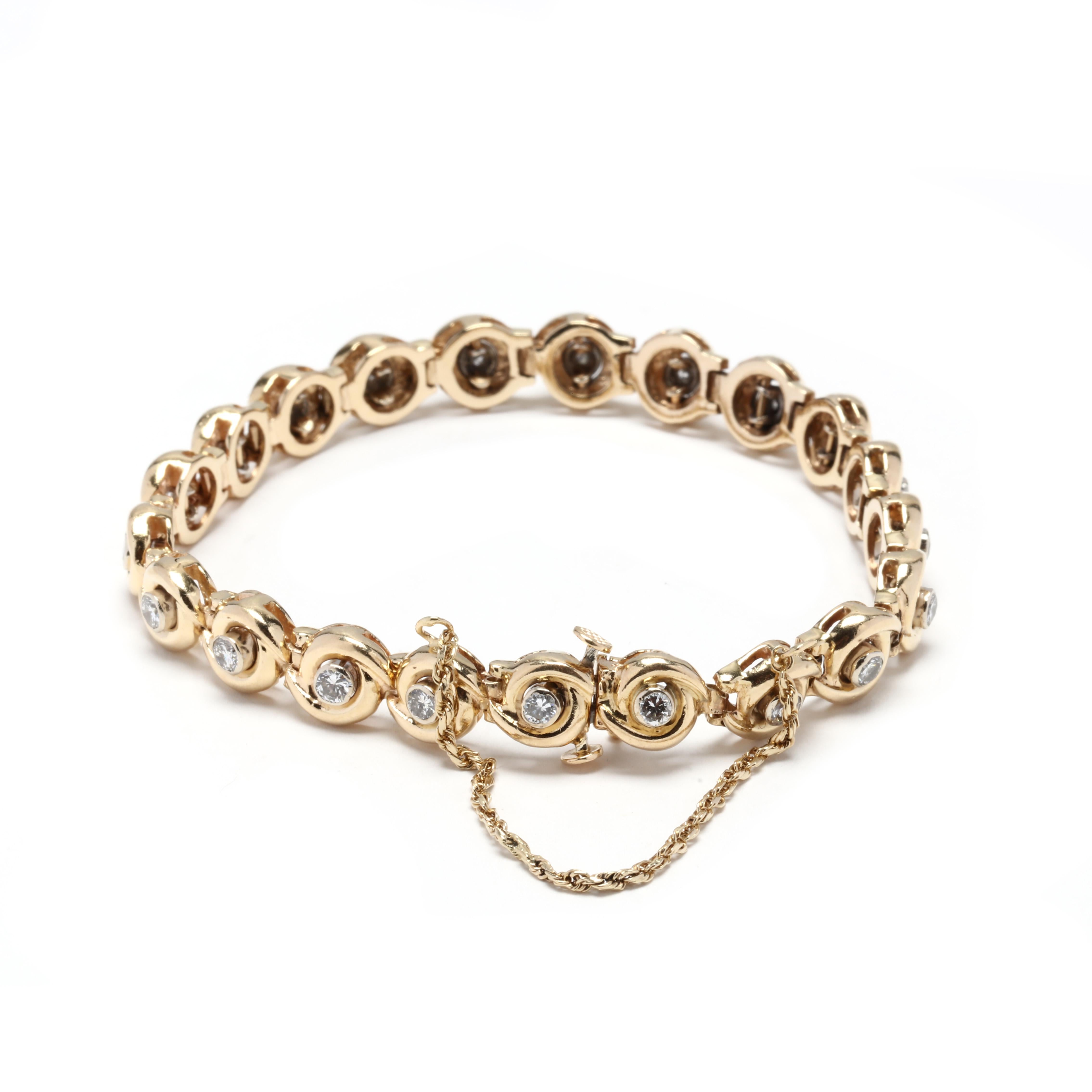 A vintage 14 karat yellow gold diamond bracelet. This bracelet features bezel set, full cut round diamonds weighing approximately 2.30 total carats with a hidden clasp and a safety chain.


Stones:

- diamonds, 21 stones

- full cut round

- 3 mm

-