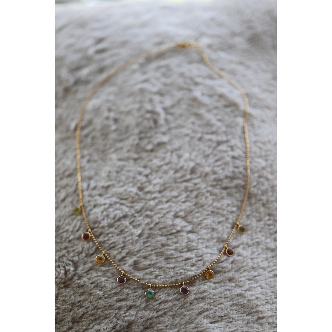 Collana con castone a strati di gemme 14k. Meravigliosa gemma penzolante multicolore a forma di caramella in vendita 3
