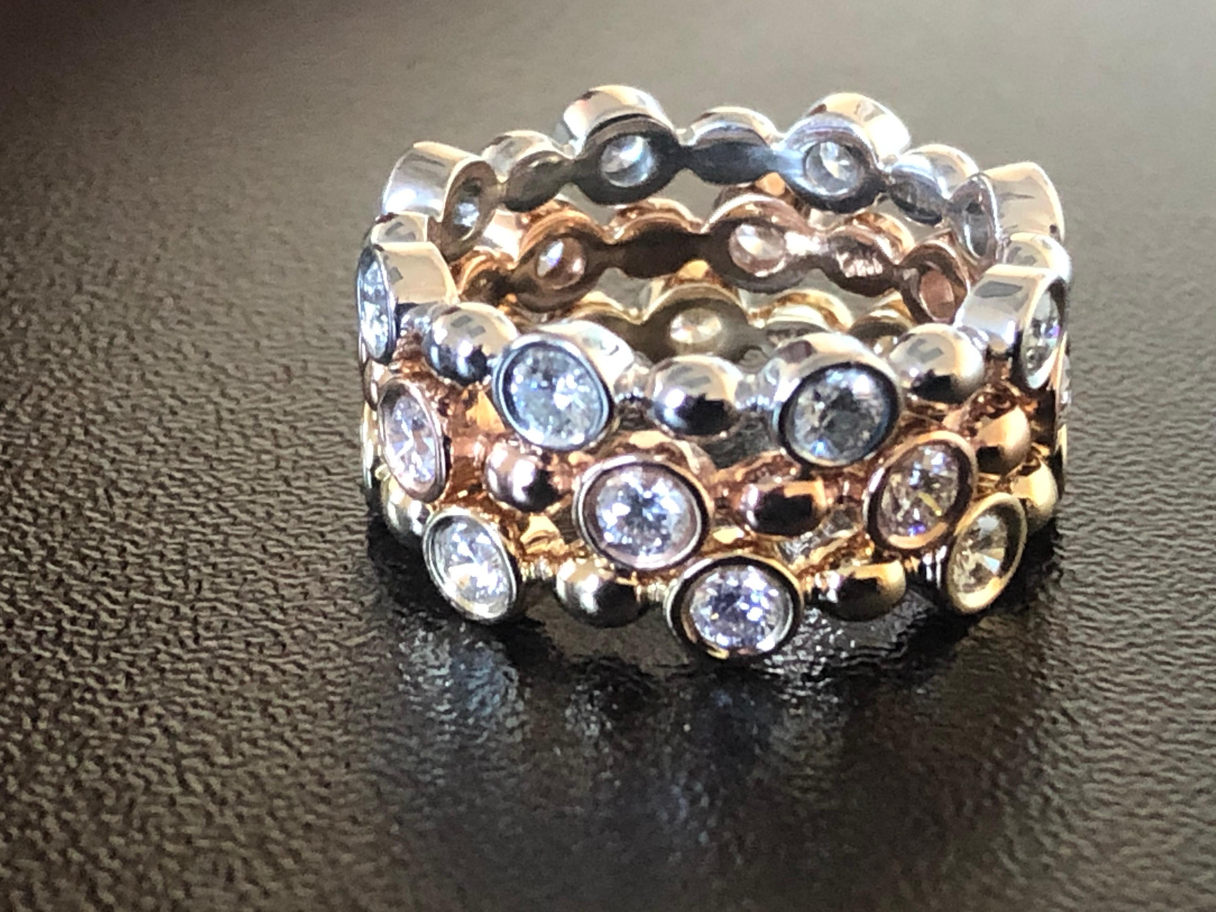 14 Karat Bezel Set White, Yellow, Rose Gold Diamond Rings In New Condition For Sale In Great Neck, NY