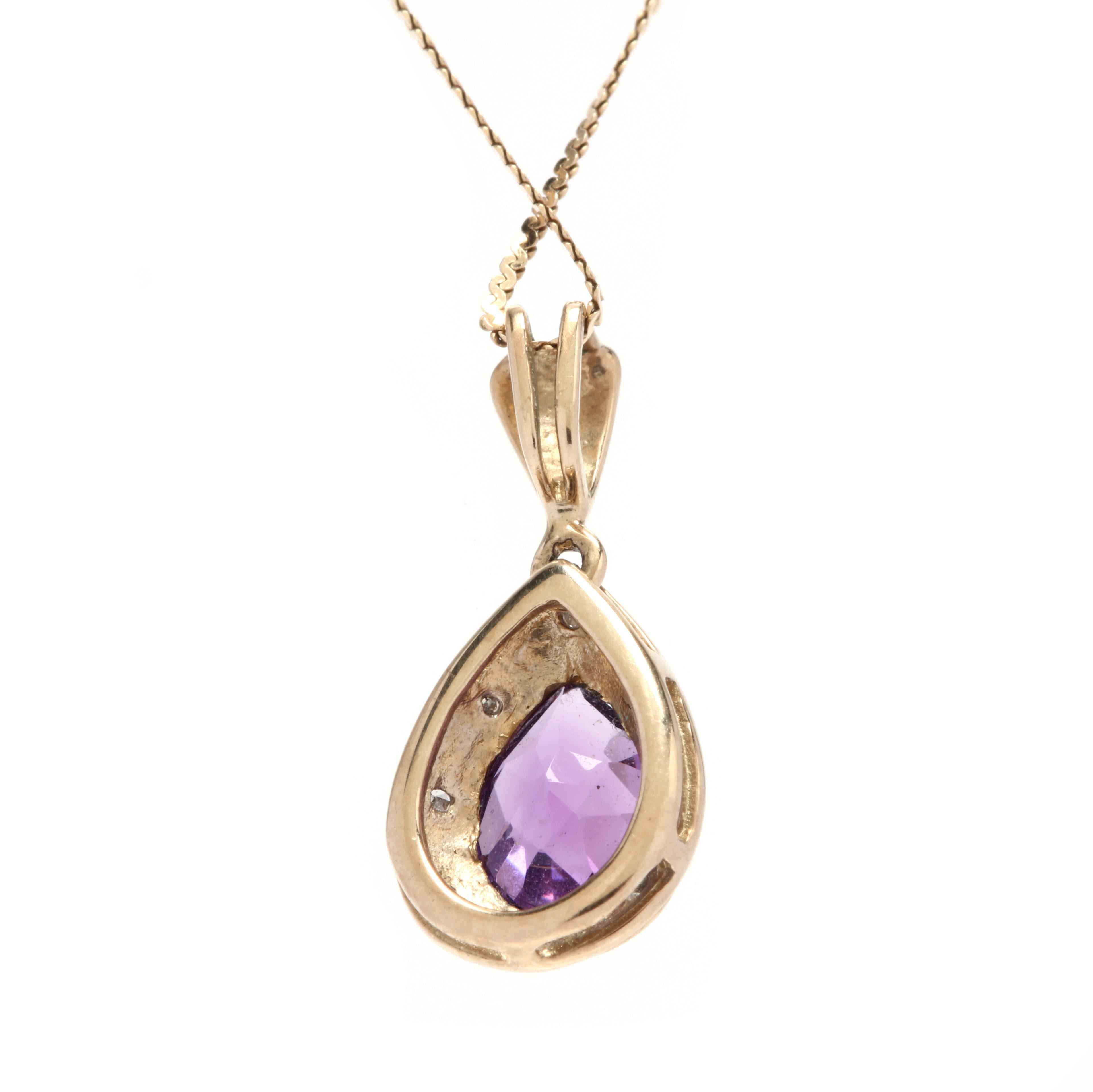 A 14 karat bi-color gold, amethyst an diamond teardrop pendant necklace. This necklace features a bezel set, checkerboard pear cut amethyst surrounded by a single cut diamond halo weighing approximately .03 total carats and suspended from a thin ' S