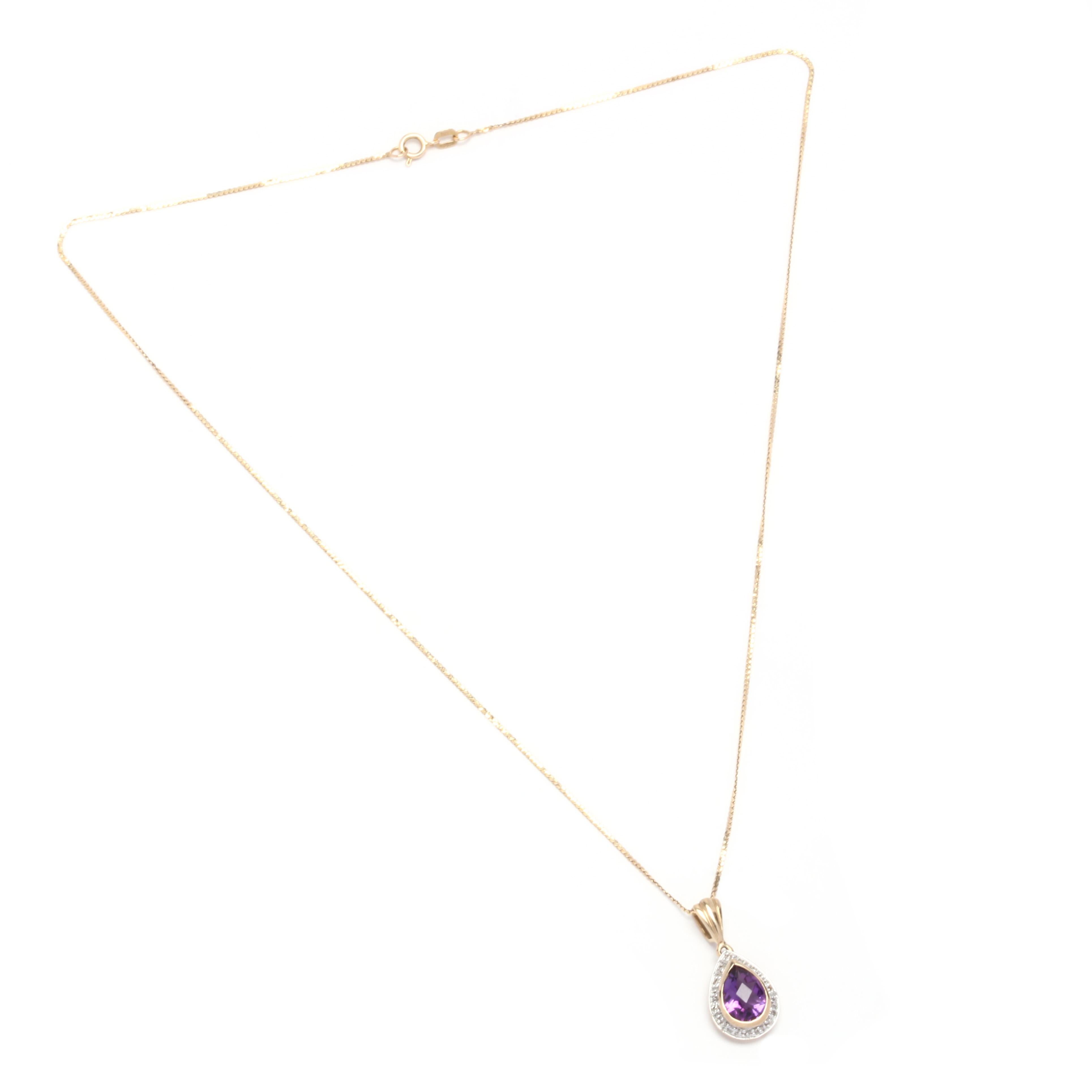 Pear Cut 14 Karat Bi-Color Gold, Amethyst and Diamond Teardrop Pendant Necklace